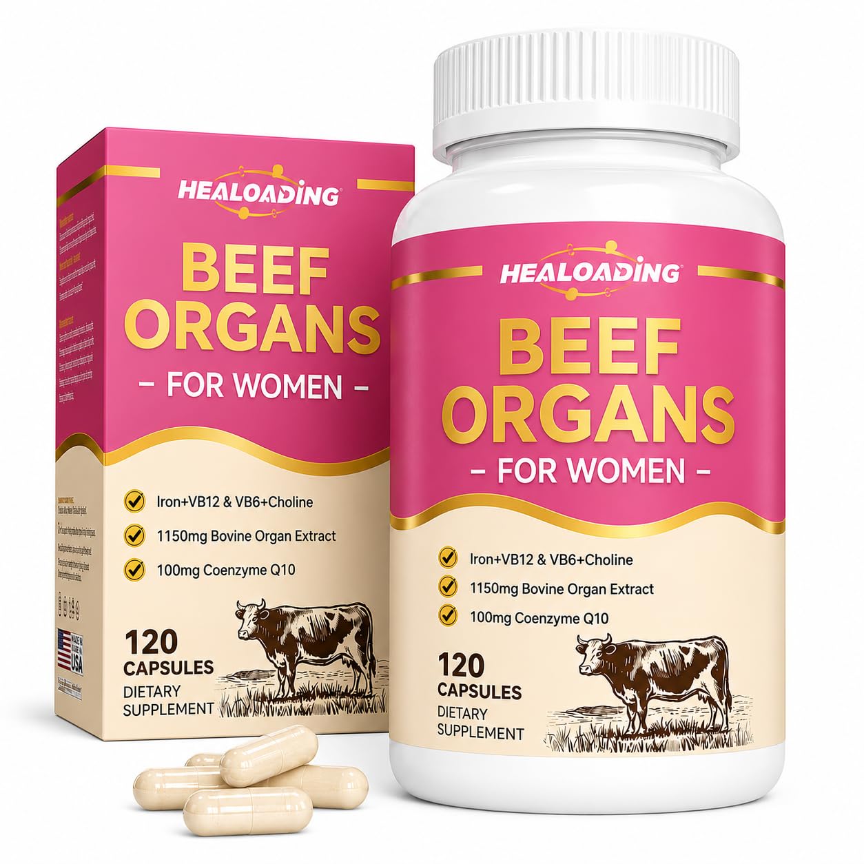 Beef Organ Supplement for Women: Nutrition Grass Fed Beef Organ Supplement 100% Desiccated & Non-Defatted Liver, Heart, Kidney, Spleen, Pancreas - 120 Capsules