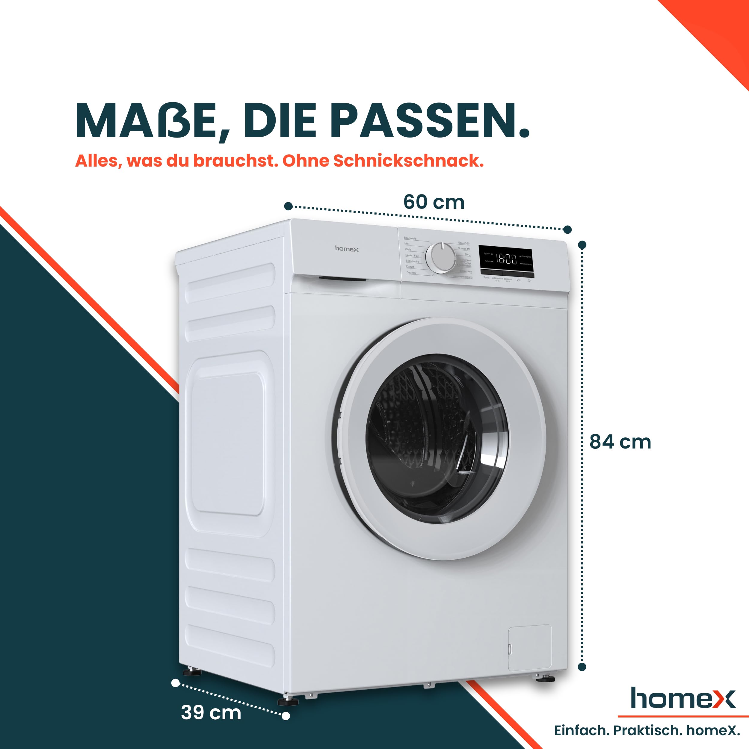 homeX Waschmaschine 6kg Frontlader 1000 U/Min Energieklasse A AquaStop Inverter Motor 14 Programme 74 dB 39 cm Tiefe 90°C weiß WF610K1A-W