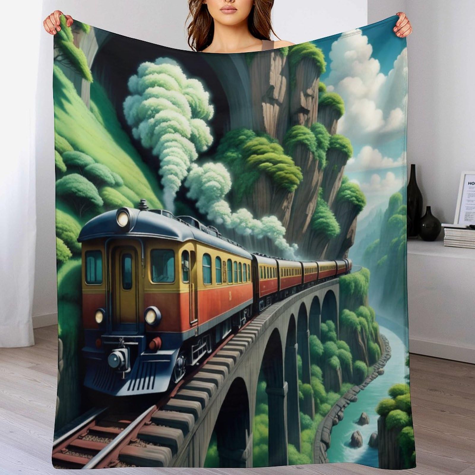 Train à Vapeur Couverture en Flannel pour Lit et Canapé 100x130cm