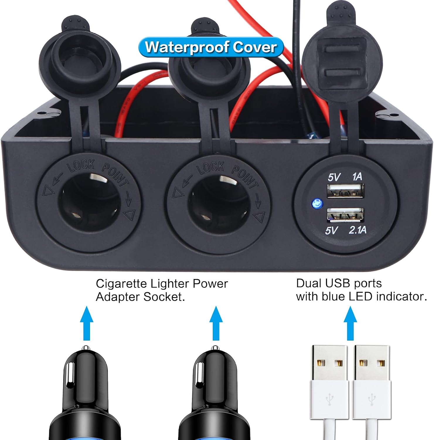 12-24 V Multifunctional 3 Hole Tent Type Car Modification Socket Dual Cigarette Lighter Power Adaptor Sockets Dual USB Charger Combination Automotive Accessory Outlet for Car Marine Boat