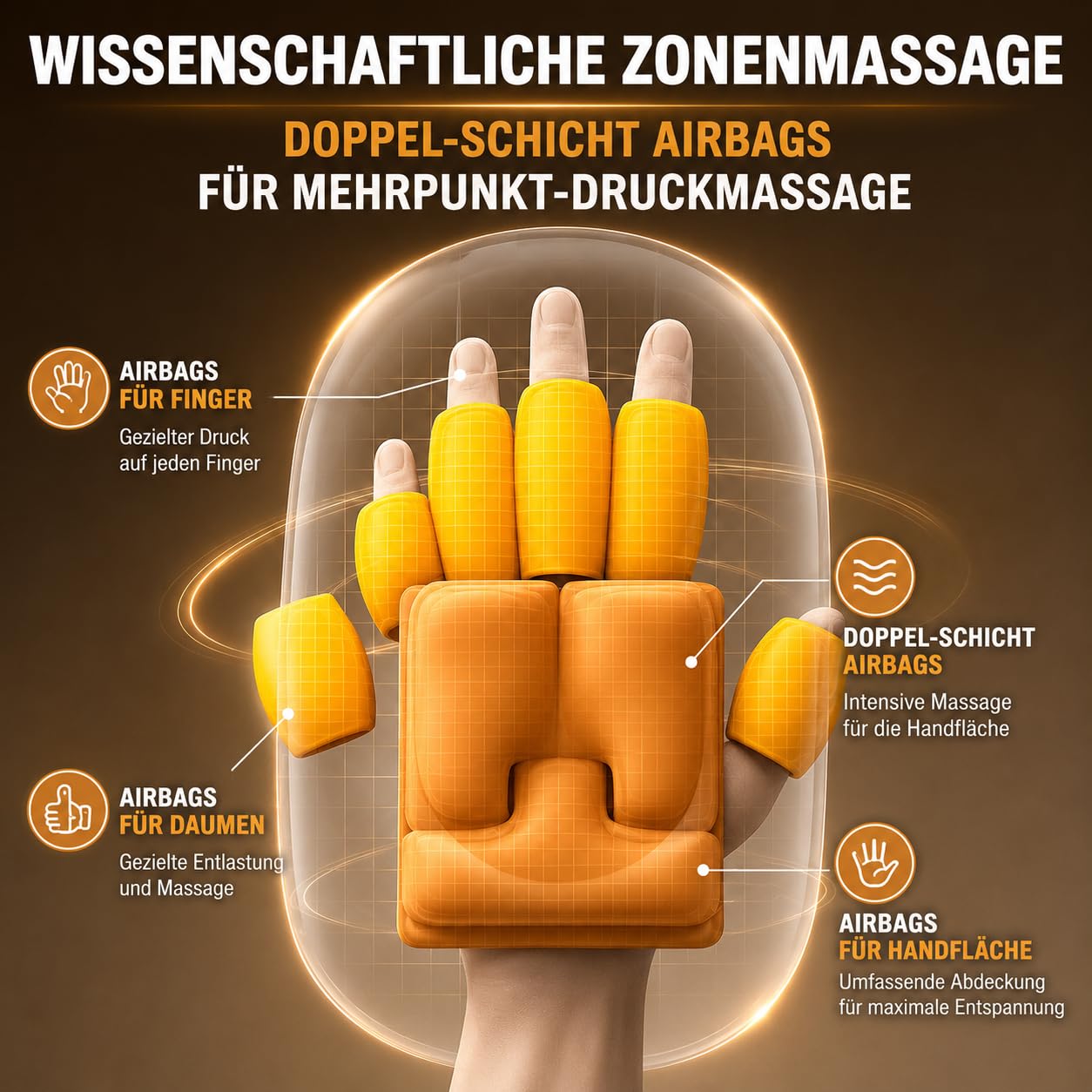 MoCho® Handmassagegerät mit Wärmefunktion – Elektrisches Massagegerät für Hände mit Luftdruck-Kompression, Airbag-Zonenmassage, 4 Modi, 5 Intensitätsstufen, 3 Heizstufen, kabellos & tragbar