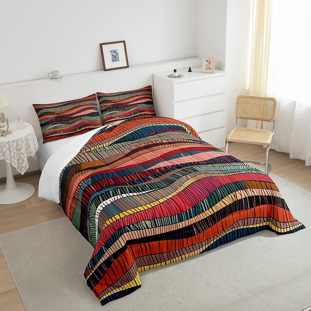 Erosebridal Boho Comforter Set Queen Geometric Wavy Bedding for Kids Bohemian Print Embroidery Waves Bedding Comforter Sets Embroidered Tribal Ethnic Room Decor Colorful Abstract Duvet Insert