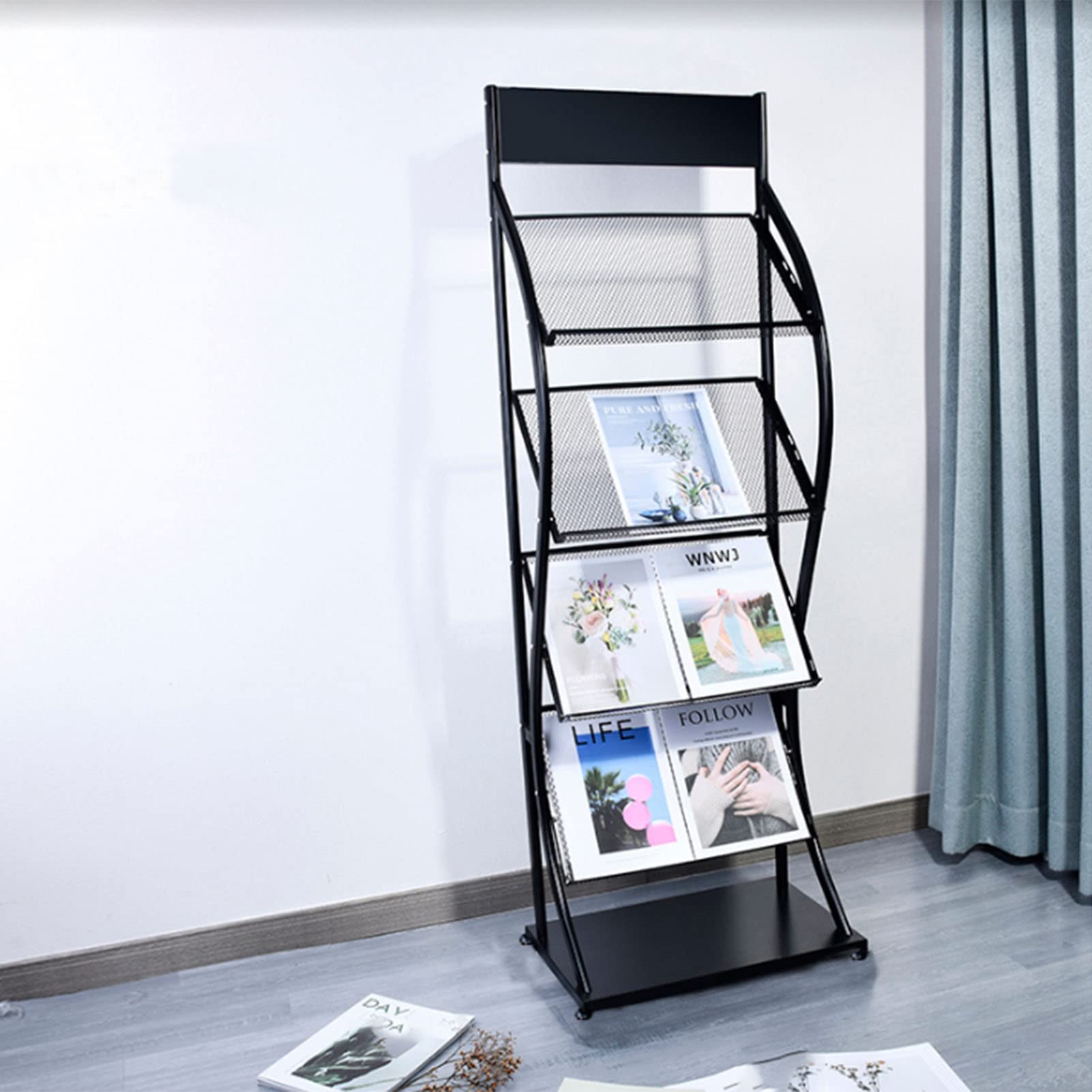 Portariviste in Metallo per impieghi gravosi, portariviste Alto 147 cm, Portadocumenti Nero per Ufficio e casa, Portadocumenti per brochure, organizzatore per fiere (Stile 1)