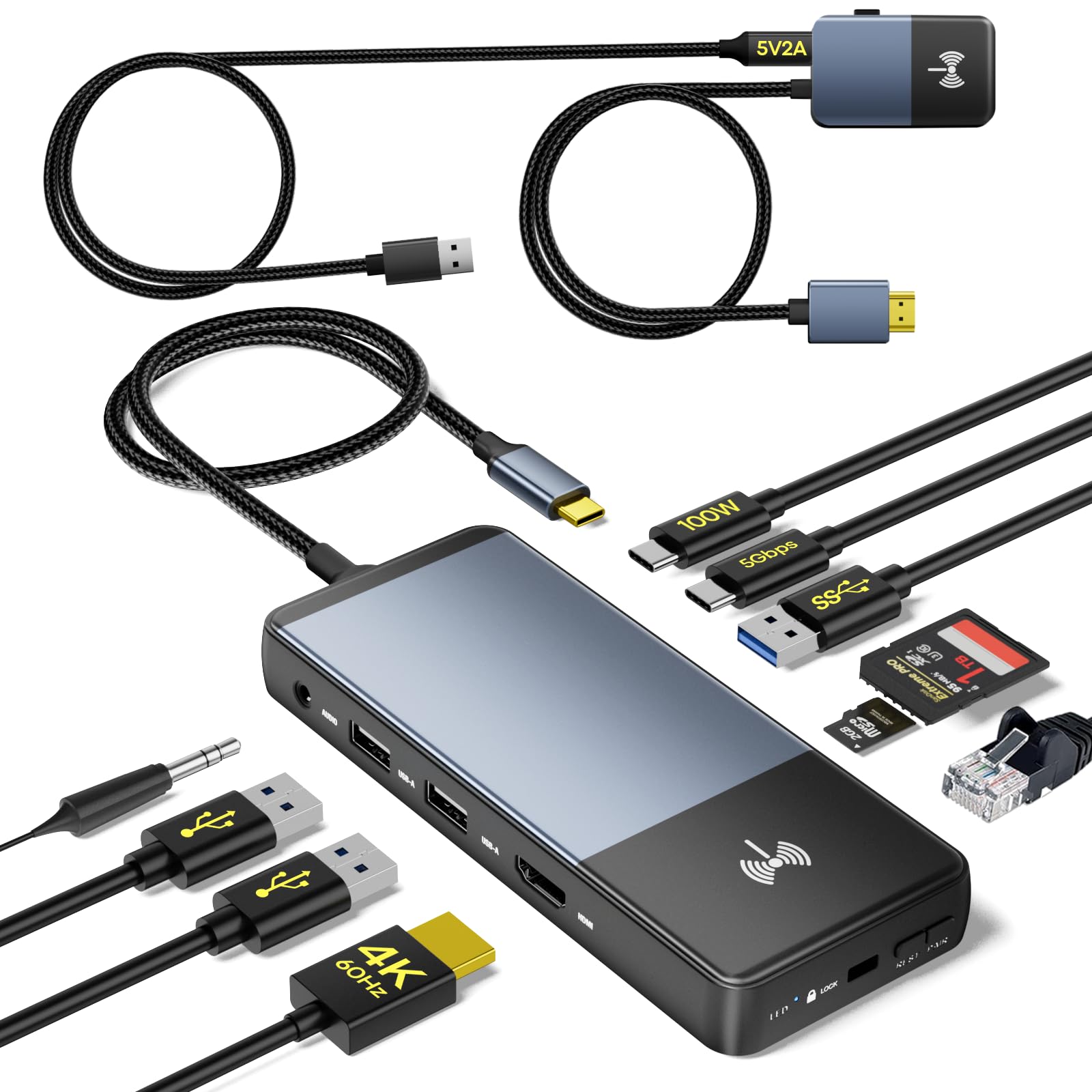 View 1 of 10-in-1 USB C Laptop Docking Station Dual Monitor, 4K Wireless HDMI Transmitter & Receiver, 5Gbps USB-C/A,100W PD, SD/TF, Ethernet, USBC Hub Multiport Adapter Dongle for Mac Dell HP(0.99FT)
** MISSING CABLES **
** NO SERIAL NUMBER **