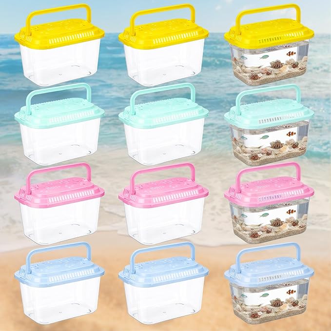 Leinuosen 12 Pcs Plastic Reptile Terrariums Carrier Cage Small Fish Transport Container with Handle Tarantula Enclosure Snake Breeding Box Hatching Container Transparent Tank Aquarium for Crab Turtle