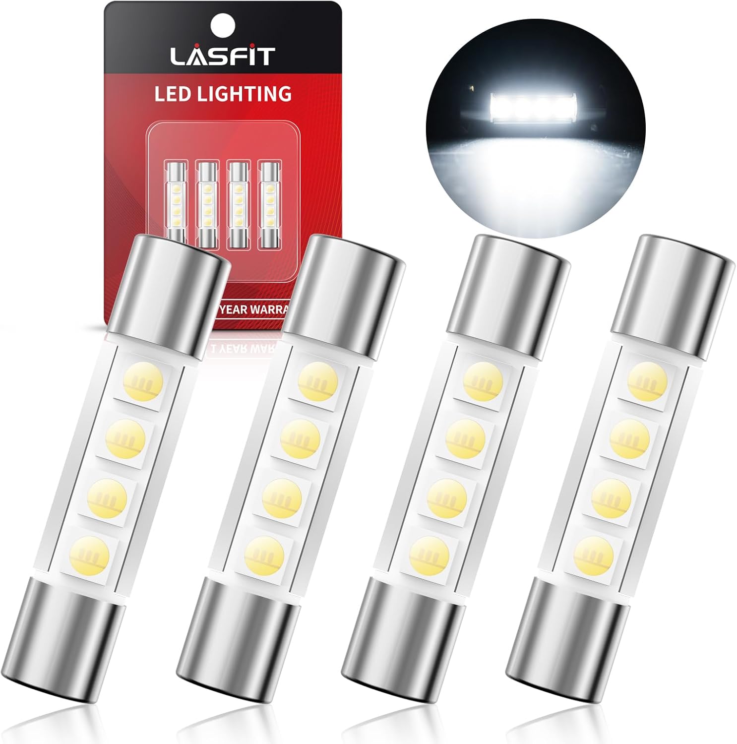 LASFIT 6614F 29mm LED Vanity Mirror Bulbs - Ultra Bright 3030 SMD 6000K White, Plug & Play Sun Visor Lights, 4 Pack
