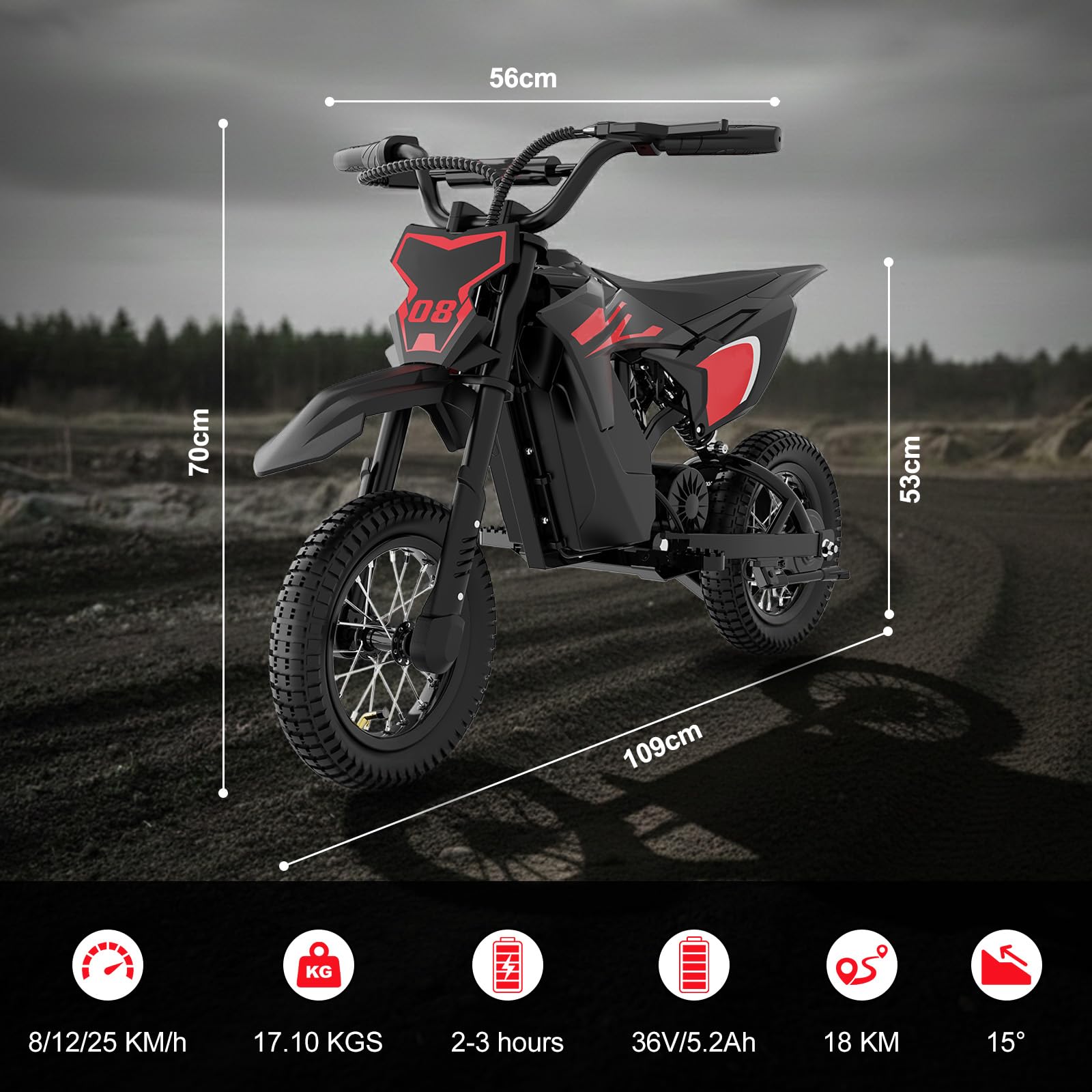 Moto électrique pour Enfants MT8, Moteur 300W, 3 Vitesses 25 km/h, Autonomie 18 km, Pneus 12 Pouces, Suspension, Frein à Tambour, 60 kg