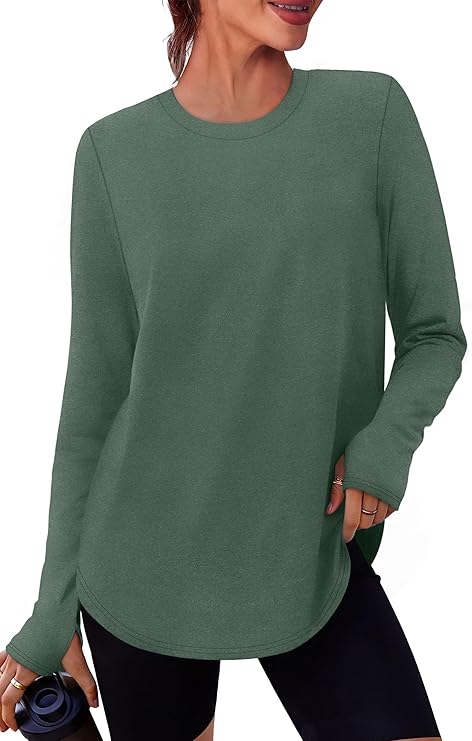 NIASHOT Workout Tops for Women Crewneck Long Sleeve Shirts with Thumb Holes UPF 50+ Sun Shirts for Hiking Running Gym Clothes