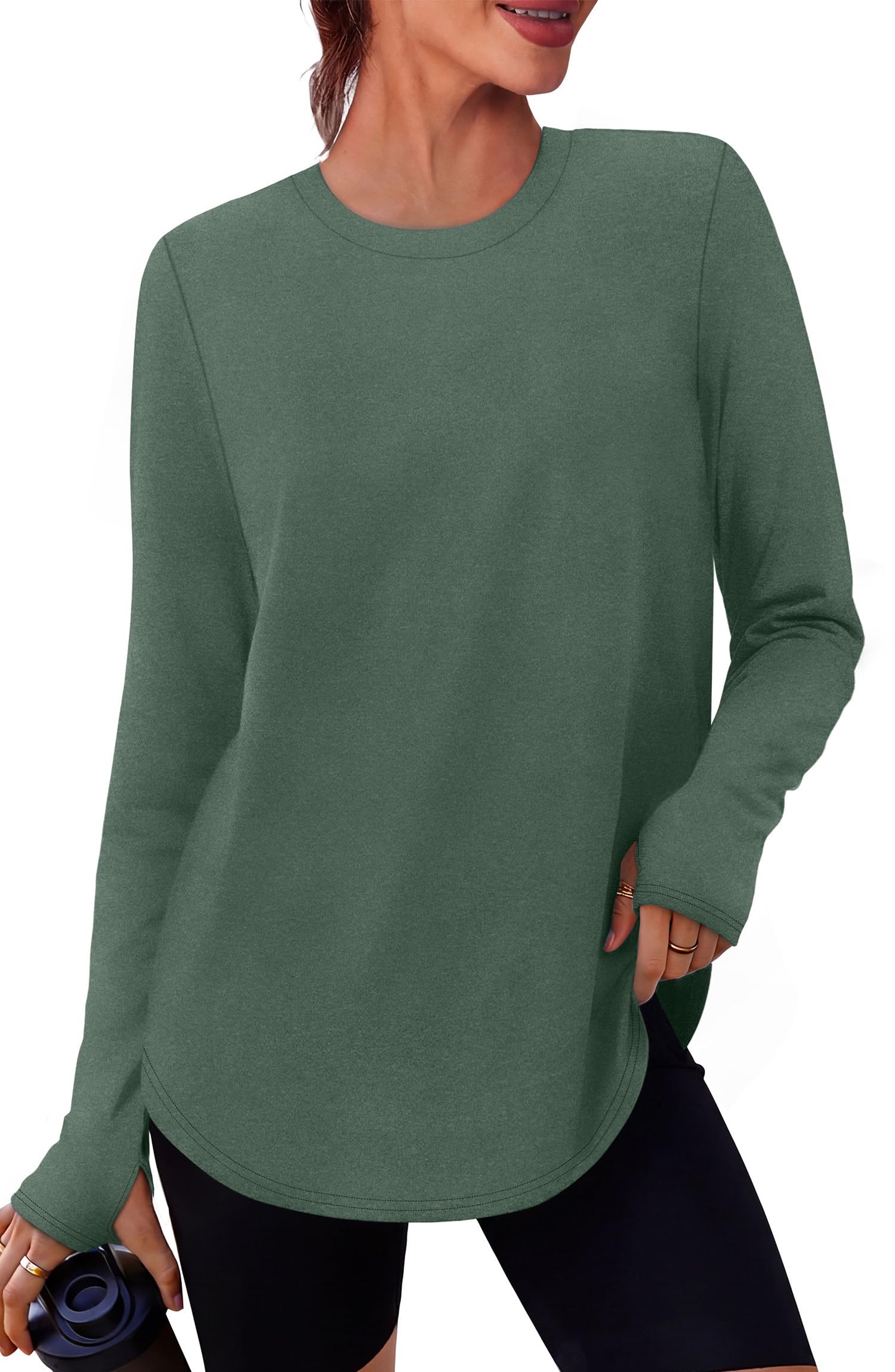 NIASHOT Workout Tops for Women Crewneck Long Sleeve Shirts with Thumb Holes UPF 50+ Sun Shirts for Hiking Running Gym Clothes