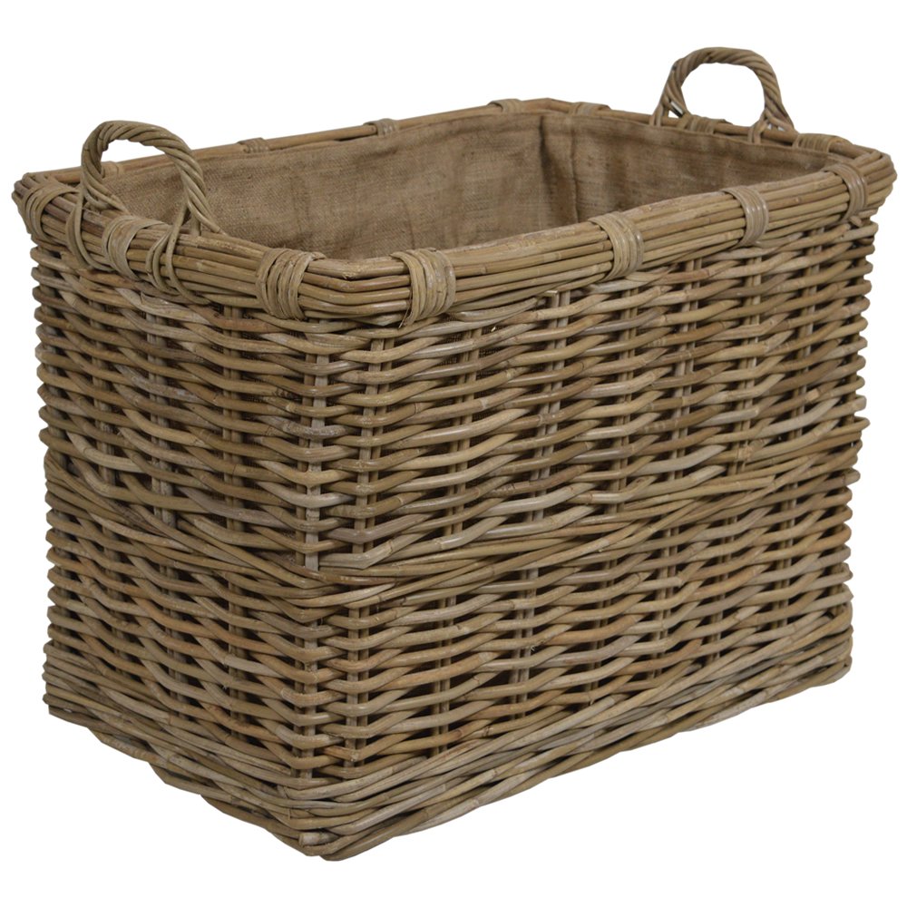 Wovenhill Brown Home Storage Kubu Rattan Log Basket With Hoop Handles, Wicker Firewood Storage Basket, Rectangular Wood Holder For Fireplace, Hearth & Fireside Living Room Decor