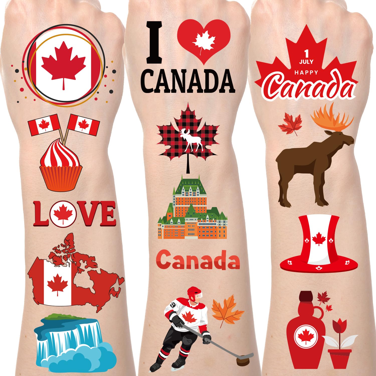 Canada Day Temporary Tattoo Stickers - Lovarywow 200+ Canada Birthday Party Decorations Canada Day Themed Party Favors Supplies Canadian Temporary Tattoos Stickers Gifts for Kids Prizes Rewards