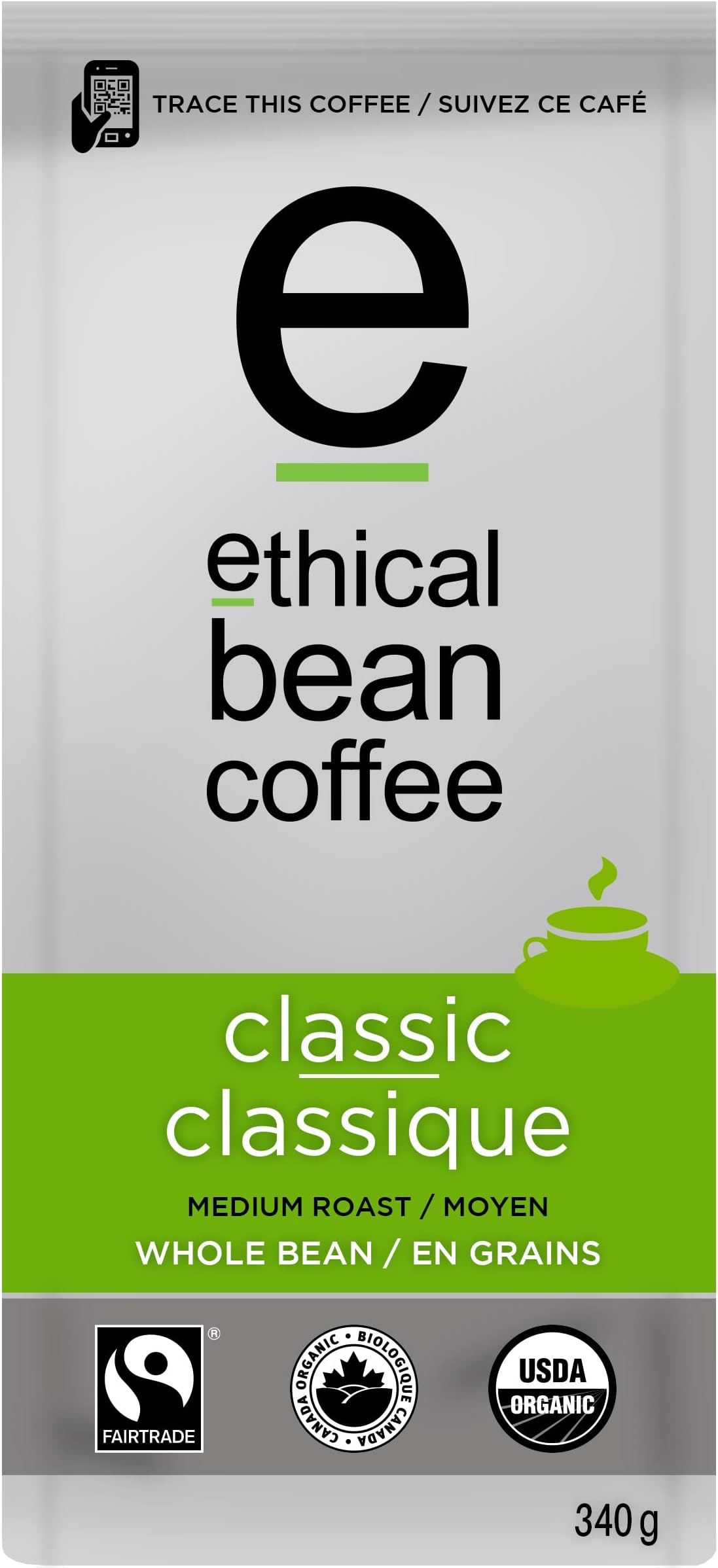 Ethical Bean Fair Trade Organic Coffee, Classic Medium Roast, Whole Bean Coffee - 12oz (340g) Bag