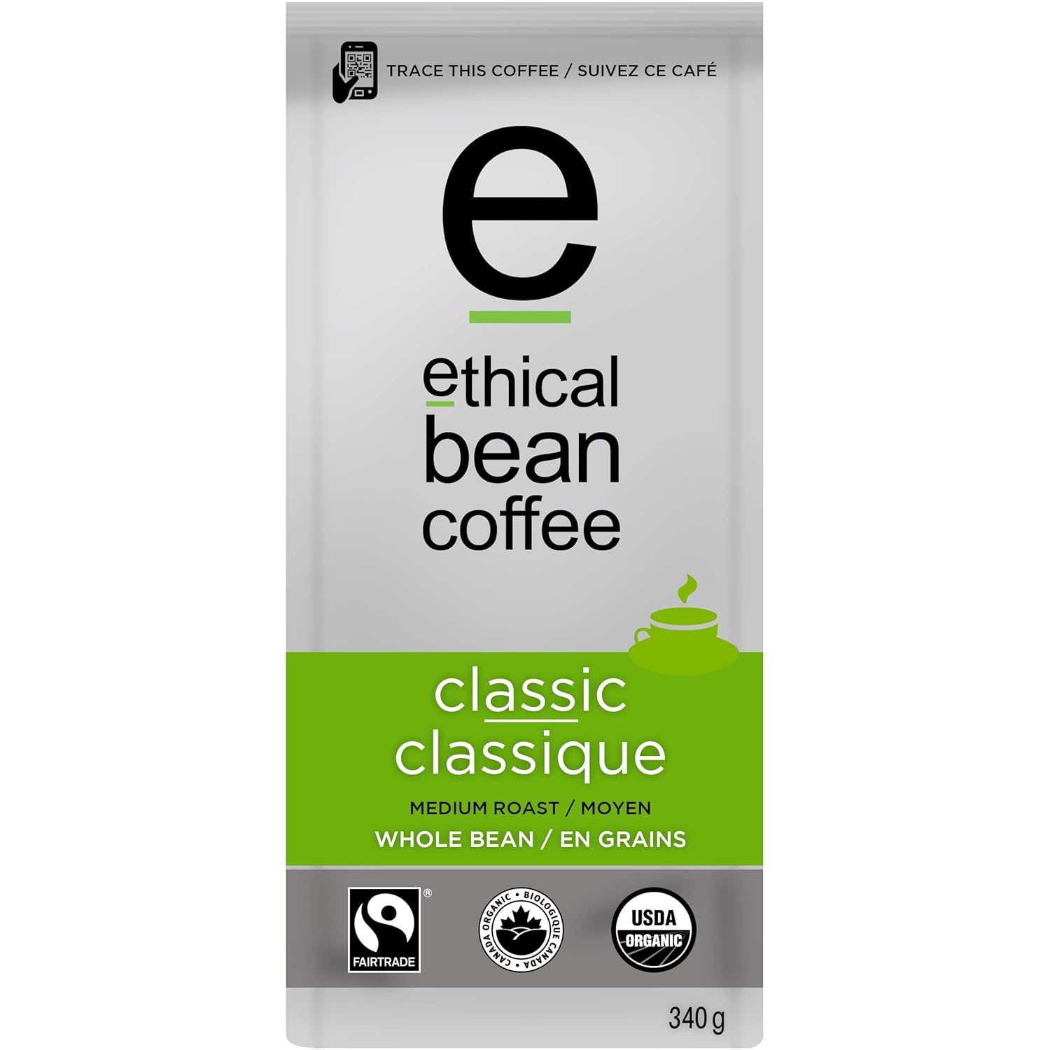 Ethical Bean Fair Trade Organic Coffee, Classic Medium Roast, Whole Bean Coffee - 12oz (340g) Bag