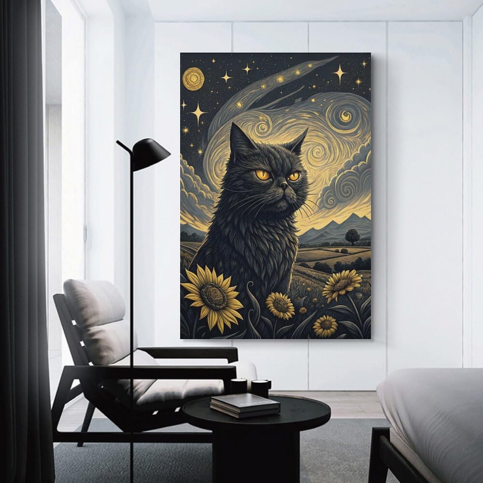 Junmoney Wall Art Print Black Cat in Starry Night Landscape, 24x36inch(60x90cm), for Contemporary Homes, Apartments Or Offices, An Easy Choice for New Home Styling