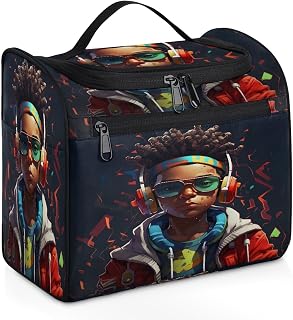 Hanging Travel Toiletry Bag with 11 Compartments, Little Boy Listening to Music with Headphones Water-resistant Makeup Cosmetic Bag Travel Organizer for Accessories, Shampoo, Full-size Container,