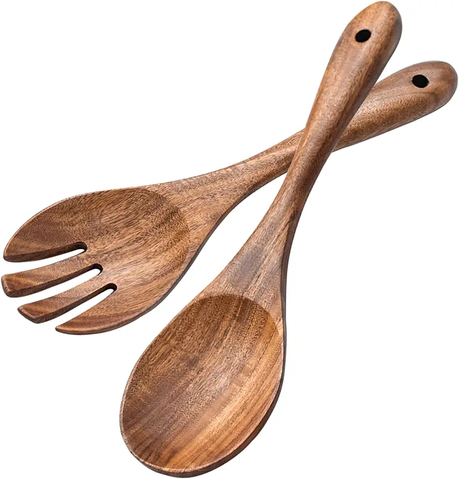 muso wood Salatbesteck Holz 2-TLG. 30.5cm Salatgarnitur Akazienholz Salatgabel und Salatlöffel Holzbesteck Küchenhelfer Langgriff Löffel Gabel