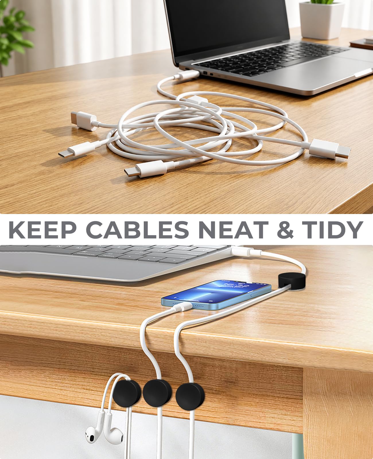 Maveek Magnetischer Kabelhalter, Kabel-Management, starke Kabel-Clips, Magnete, Metallplatte, selbstklebende Draht-Organizer für Nachttisch, Schreibtisch, Wand, Küche, USB-LAN, Schwarz, 5 Stück
