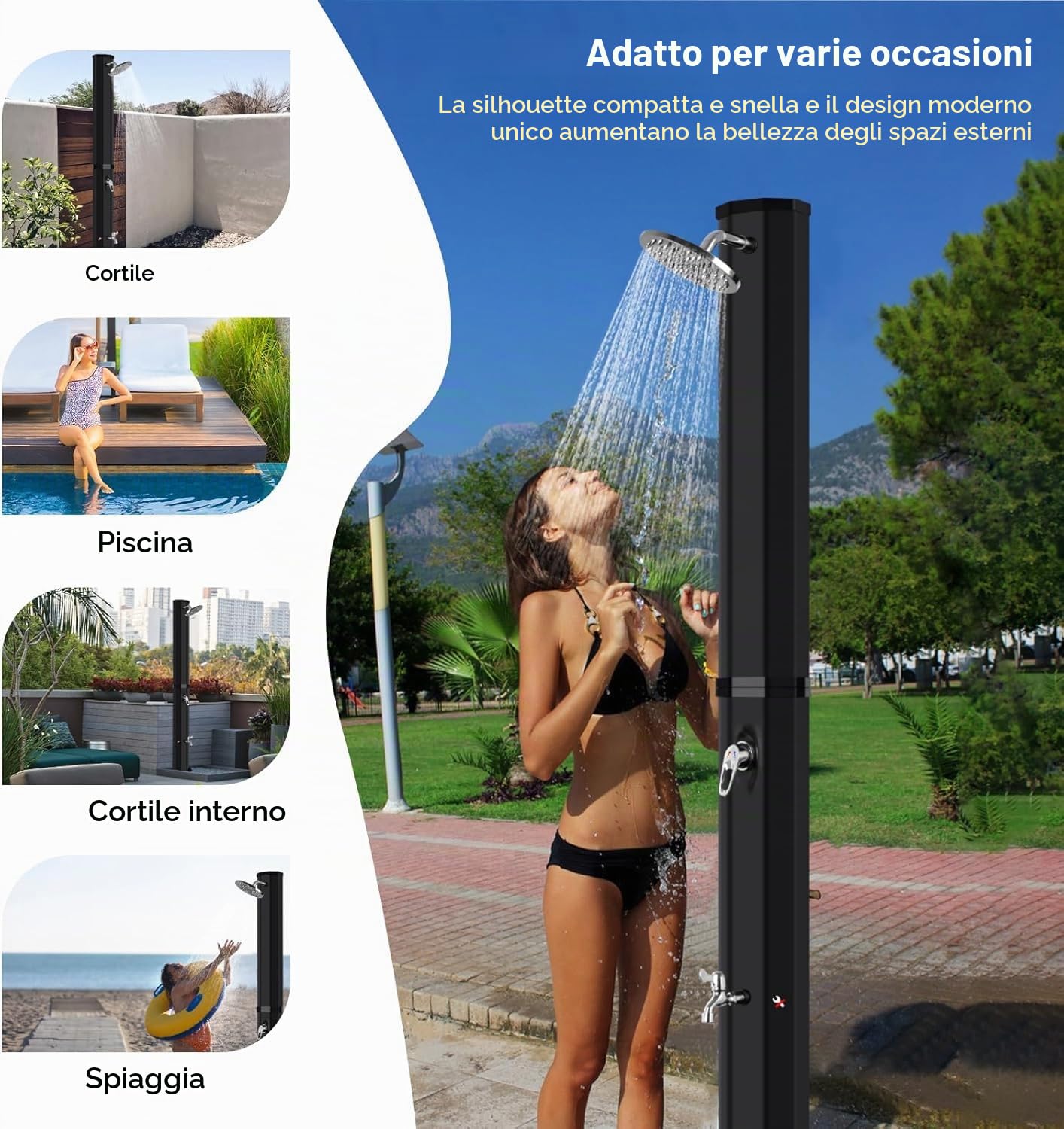 Doccia Solare da Giardino 60 Litri con Custodia Protettiva - Doccia da Esterno con Soffione a Pioggia Regolabile, Rubinetto, Regolazione della Temperatura e Pressione, Doccia Piscina Esterno