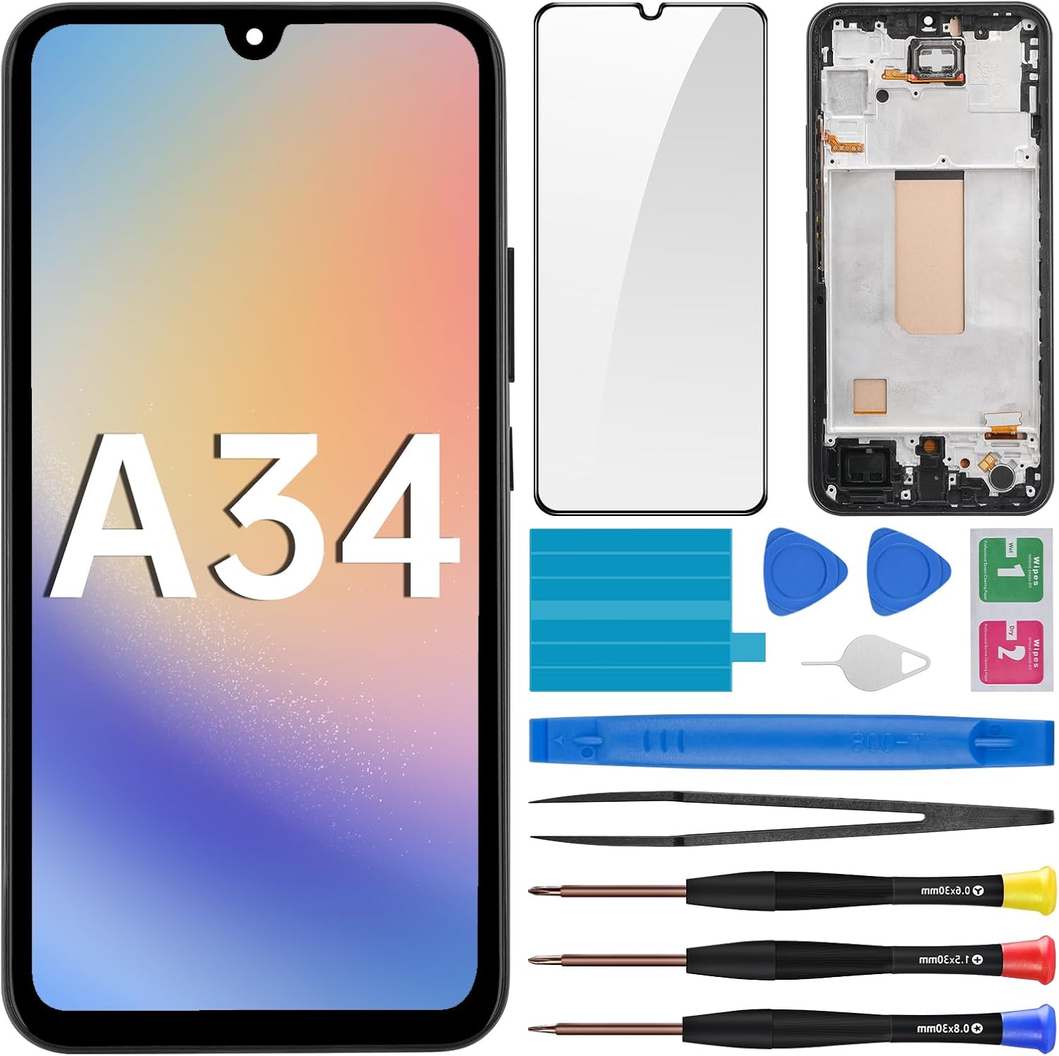 for Samsung Galaxy A34 Screen Replacement with Frame LCD Display Touch Digitizer Full Assembly and Side Button Ear Speaker Vibration Motor Glass Repair Tools Kit A346E A346B A346M