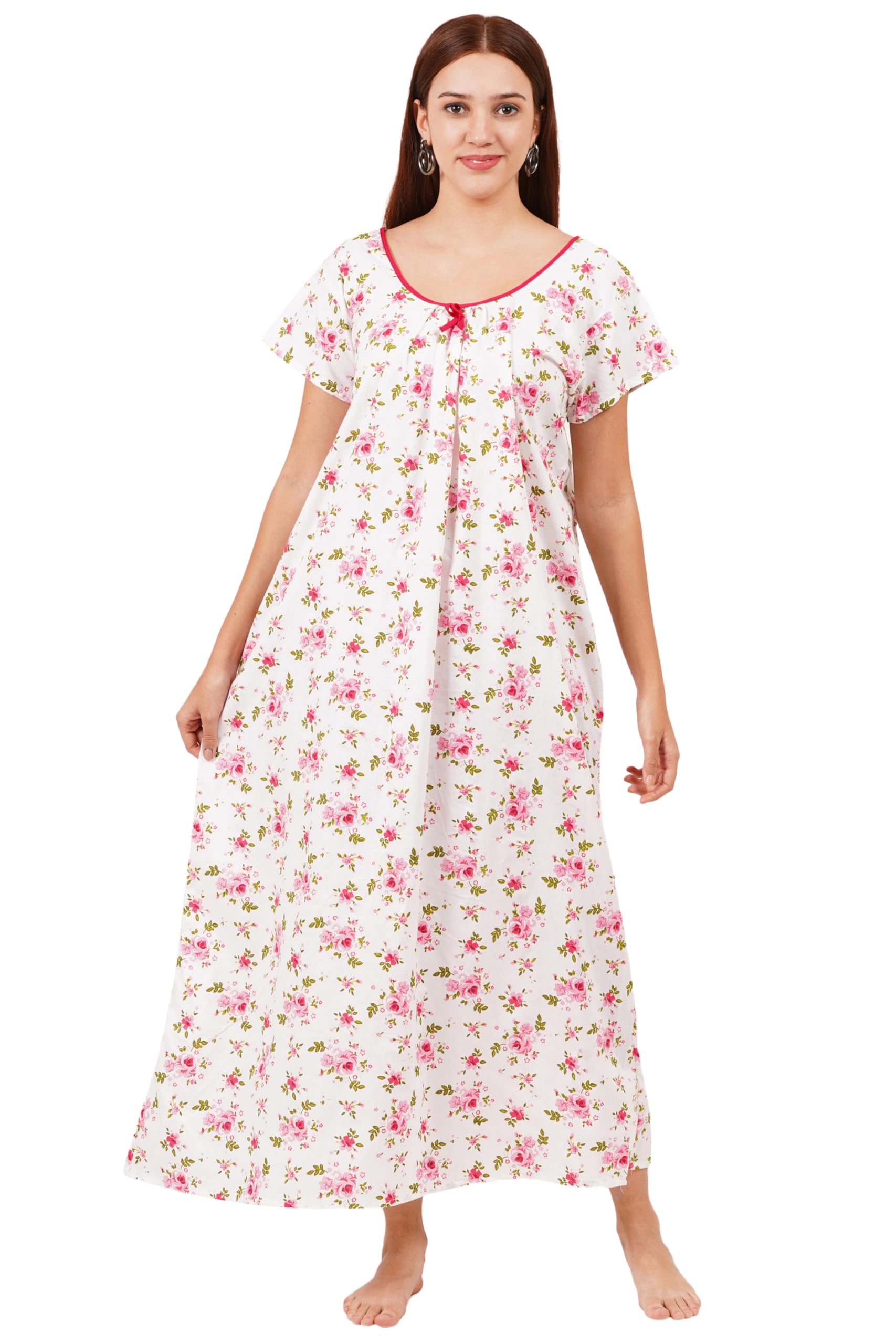 Woman's Floral Printed Calf Length Nighty Nightdress Pure Cotton Pink-image-18