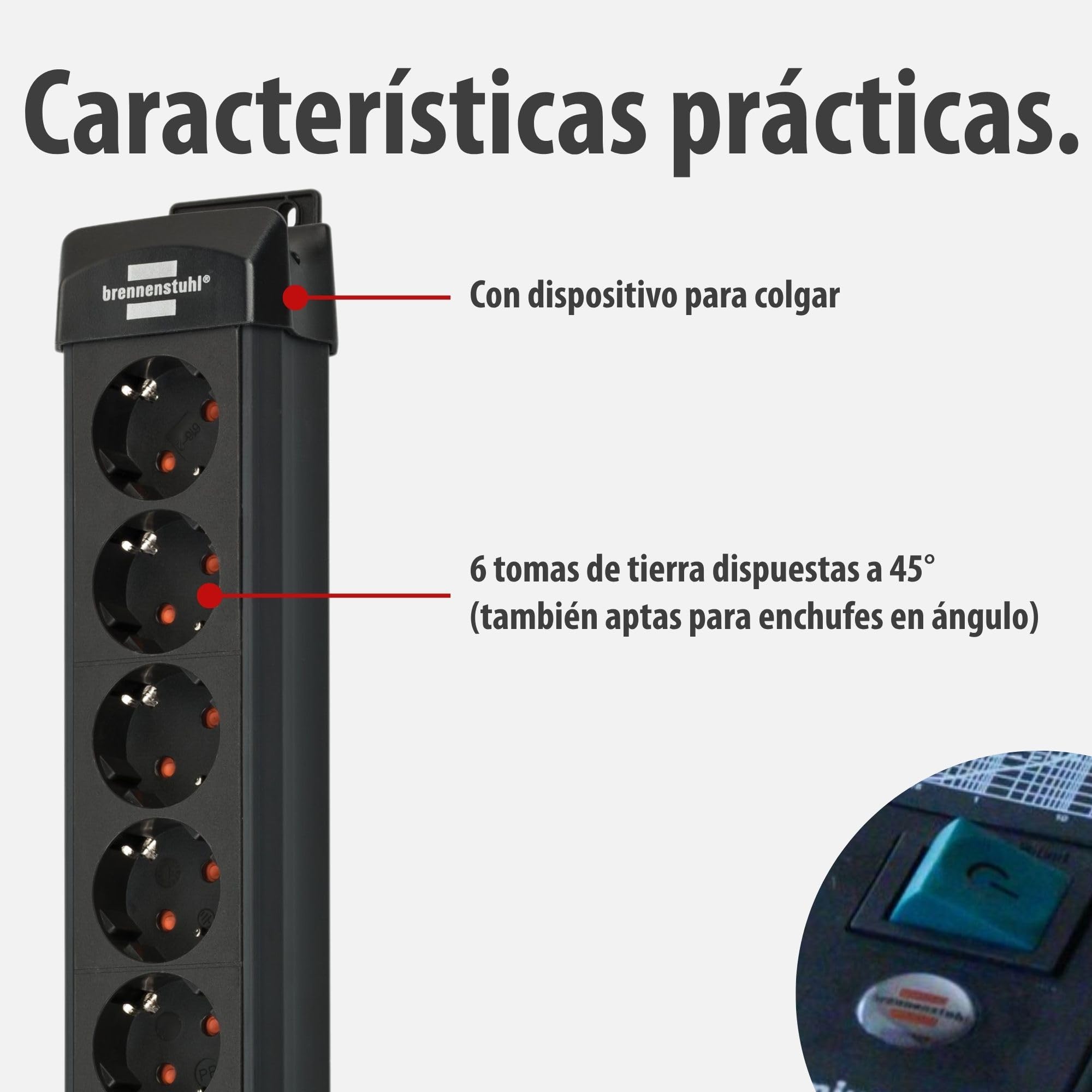 Brennenstuhl Premium-Line regleta enchufes de 6 Tomas con protección contra sobretensiones hasta 60.000 A (Cable de 5 m, Interruptor, montable, Fabricado en Alemania) Negro