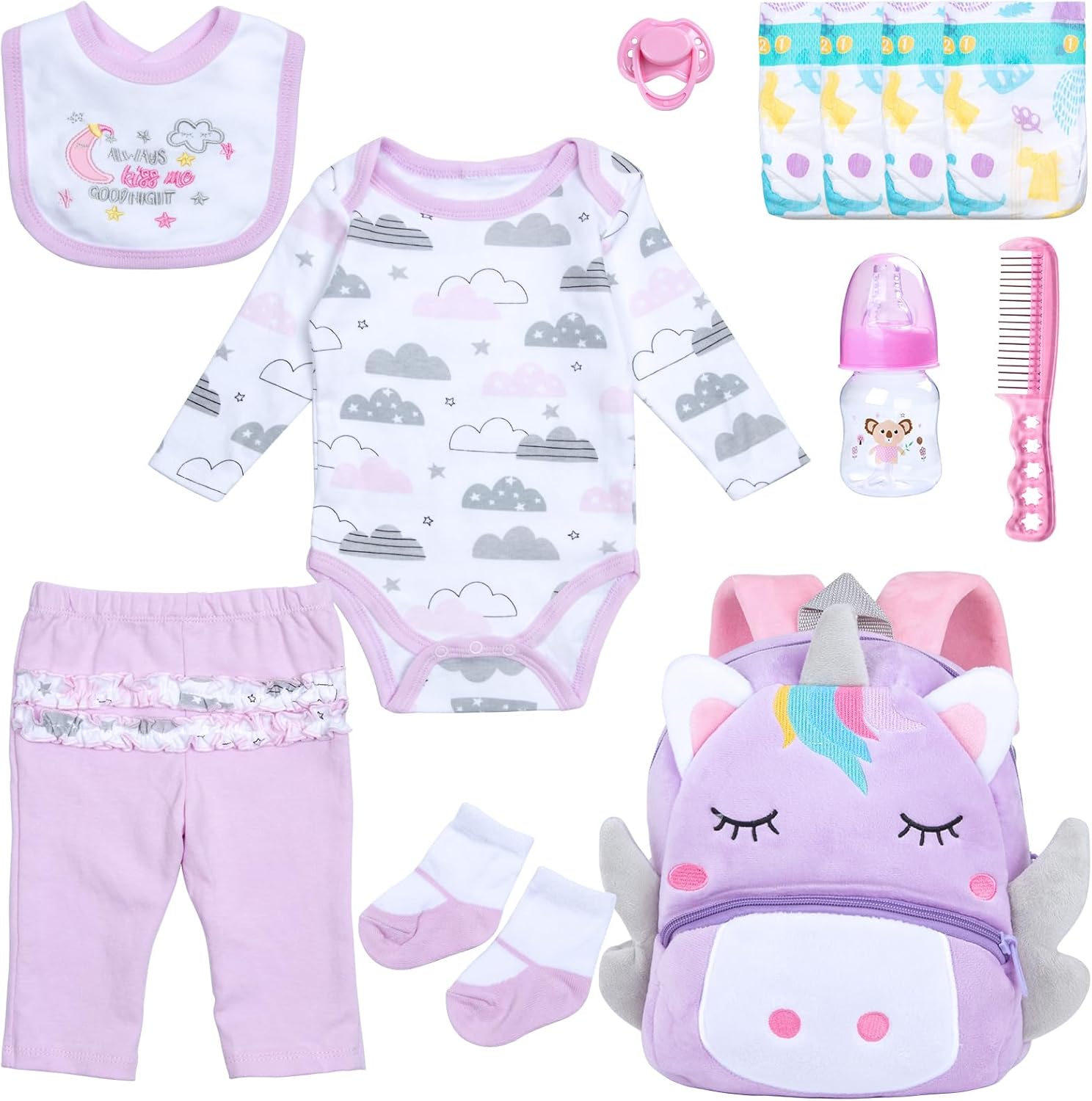 12 Pcs Reborn Baby Dolls Clothes Girl Outfit Accessories Purple Unicorn Theme Set for 17-22 Inch Newborn Baby Girl Reborn Dolls Clothes with Unicorn Backpack