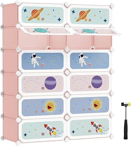 SONGMICS Zapatero para niños con puertas, organizador de almacenamiento apilable de 12 ranuras, armario de plástico, juguetes, libros, ropa, 12.2 x