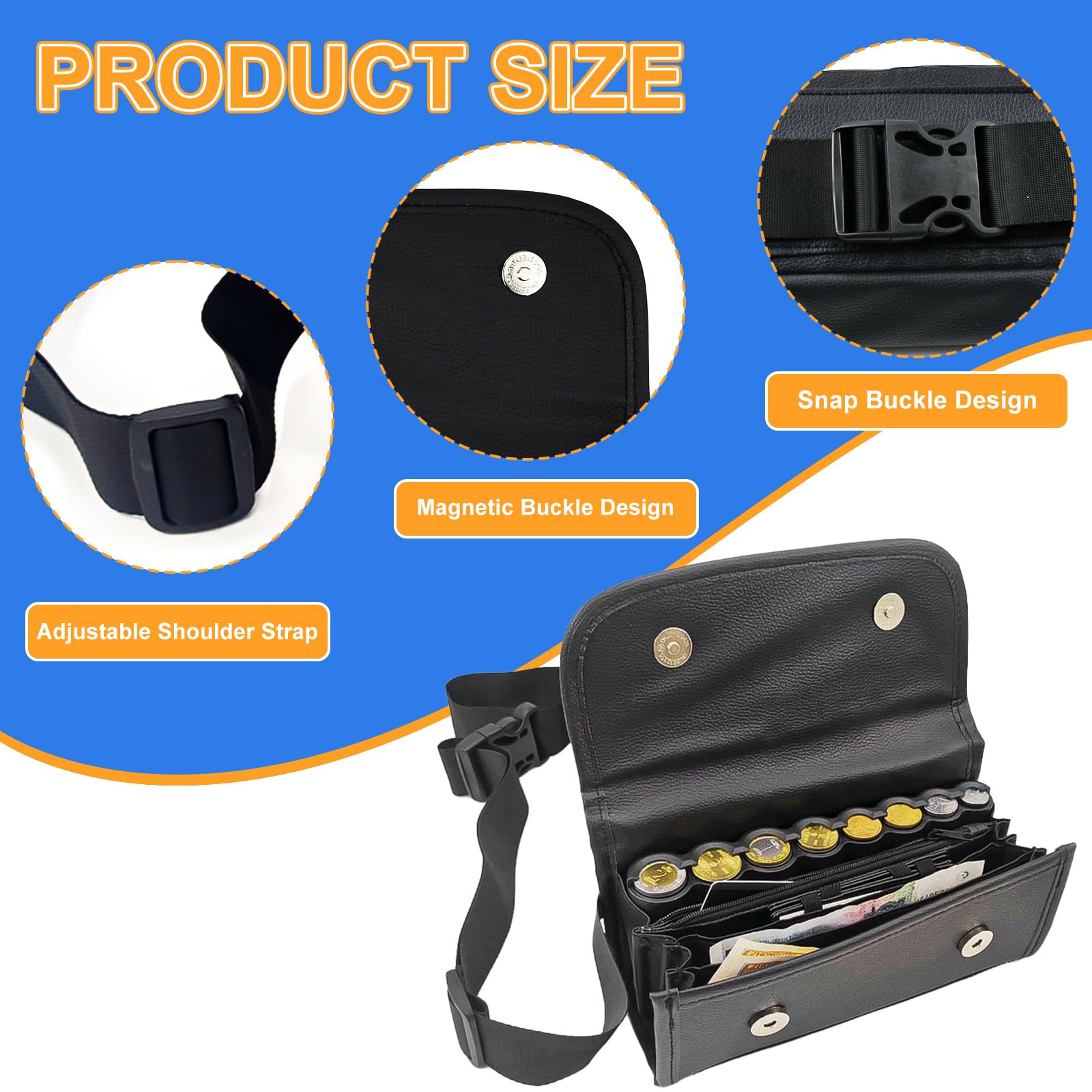 Sacoche Banane Serveur, Sacoche de Service en PU avec Monnayeur Euro, Portefeuille de Serveur, Sacoche Serveur Monnayeur avec Fermeture Magnétique pour Serveur, Caissier, Voyage (Noir)