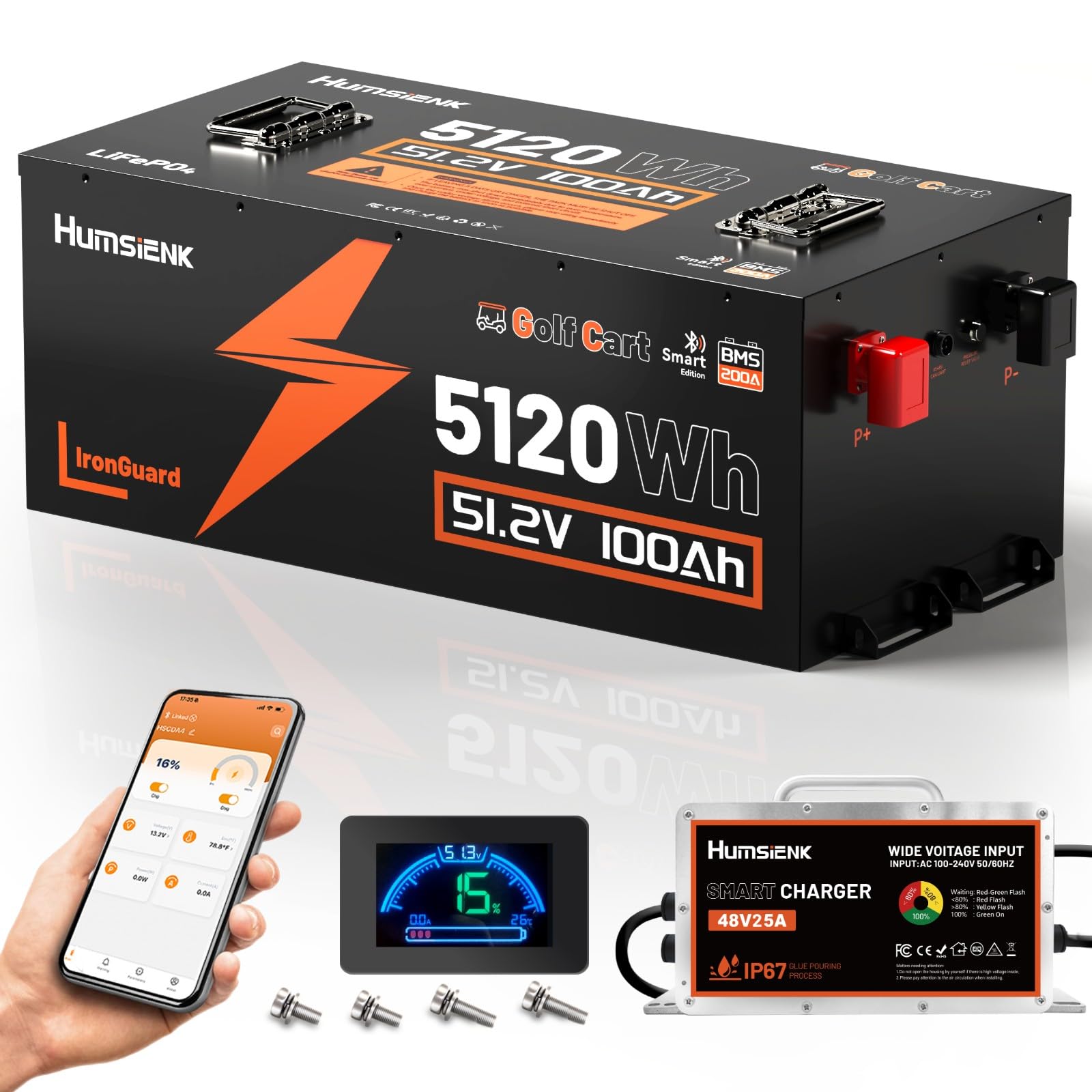 HumsiENK 48V 100Ah Golf Cart Battery Conversion Kit with 25A Fast Charger
