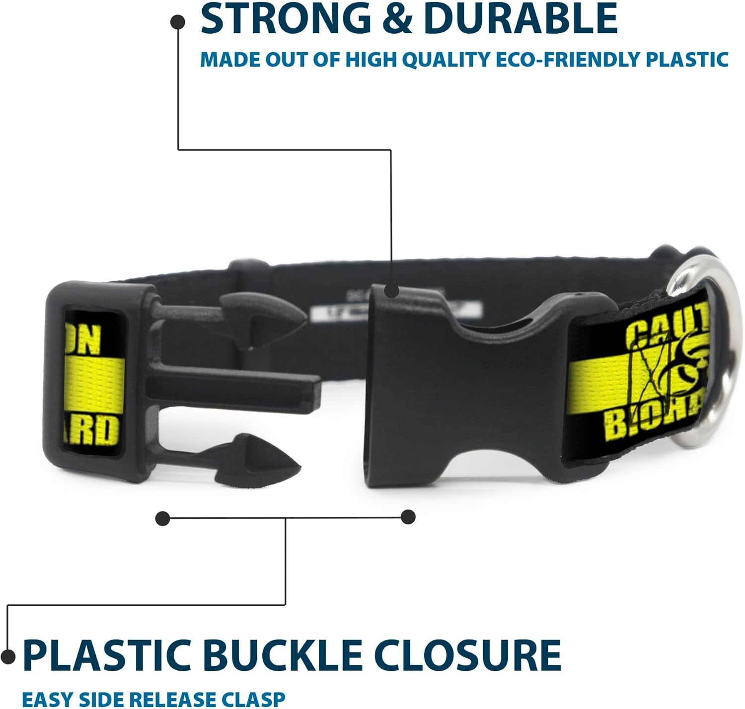 Buckle-Down 18-32" Caution Biohazard Black/Yellow Plastic Clip Collar, Wide Large