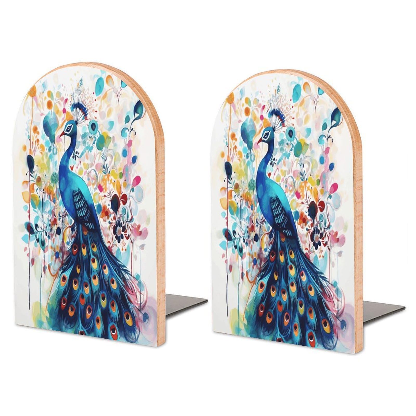 Color Peacock Bookend for Shelves Non-Skid Book Holder Modern Heavy Duty Bookend Stopper Metal Base Wood Book End Books Shelf Holder Home Decorative 1pair 6.7x3.9x4.7