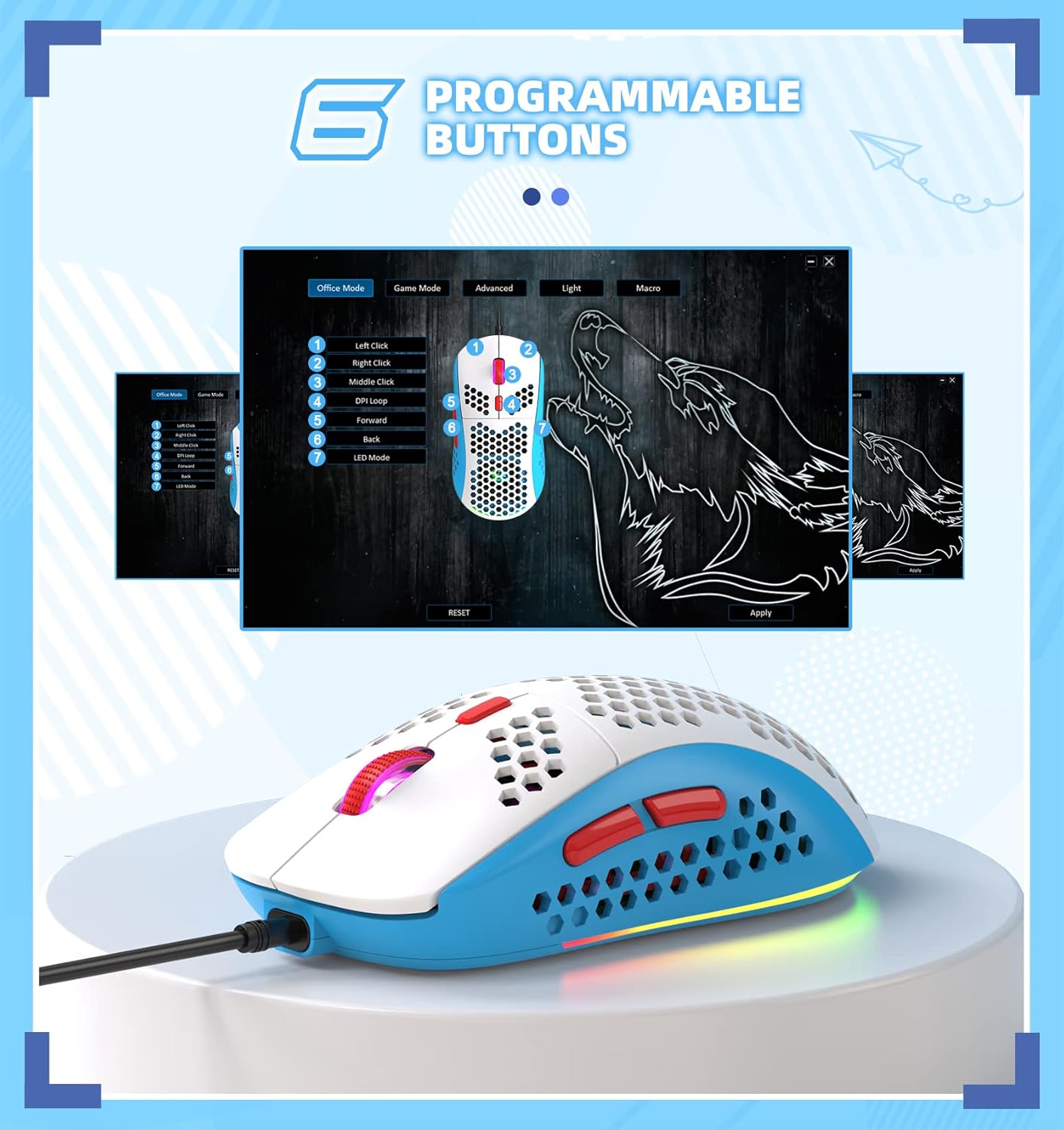 LexonElec T60PRO 60% Mechanical Keyboard and Mouse Combo+Coiled USB C Cable, Compact RGB LED Backlit Keyboard, Linear Red Switch, 6400 DPI Programmable RGB Mouse for PC Mac Gamer(Blue&White)