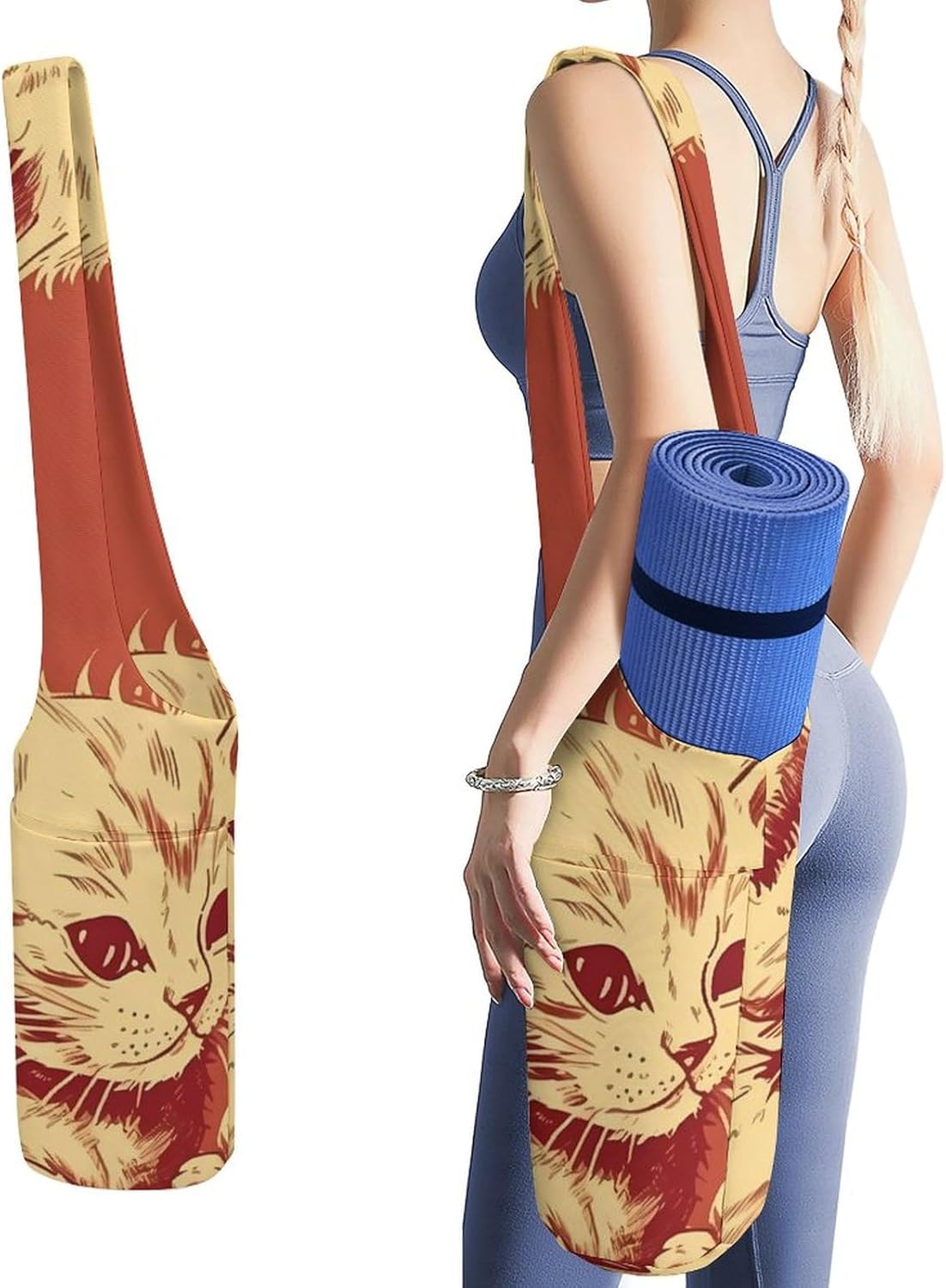 Cat Lying on The Box Yoga Mat Bag, Durable Canvas Yoga Mat Storage Bag with Water Bottle Pocket And Bottom Wet Bag, Fits Most Size Yoga Mats