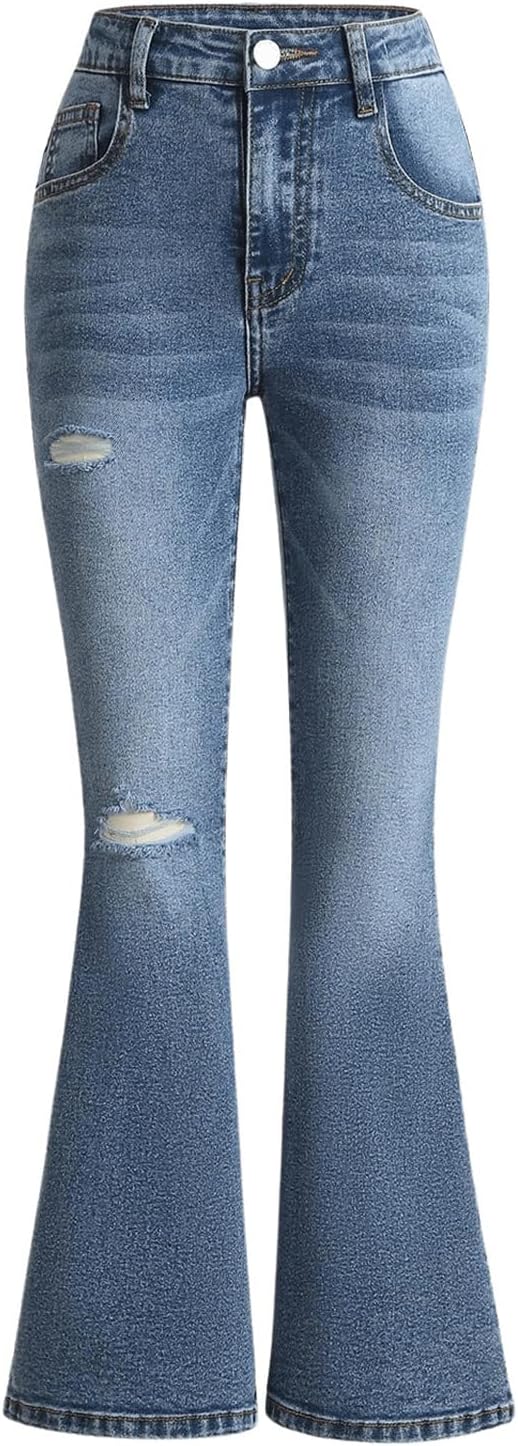 Floerns Girl's Ripped Flared Leg Denim Pants Skinny Bell Bottom Jeans with Pockets