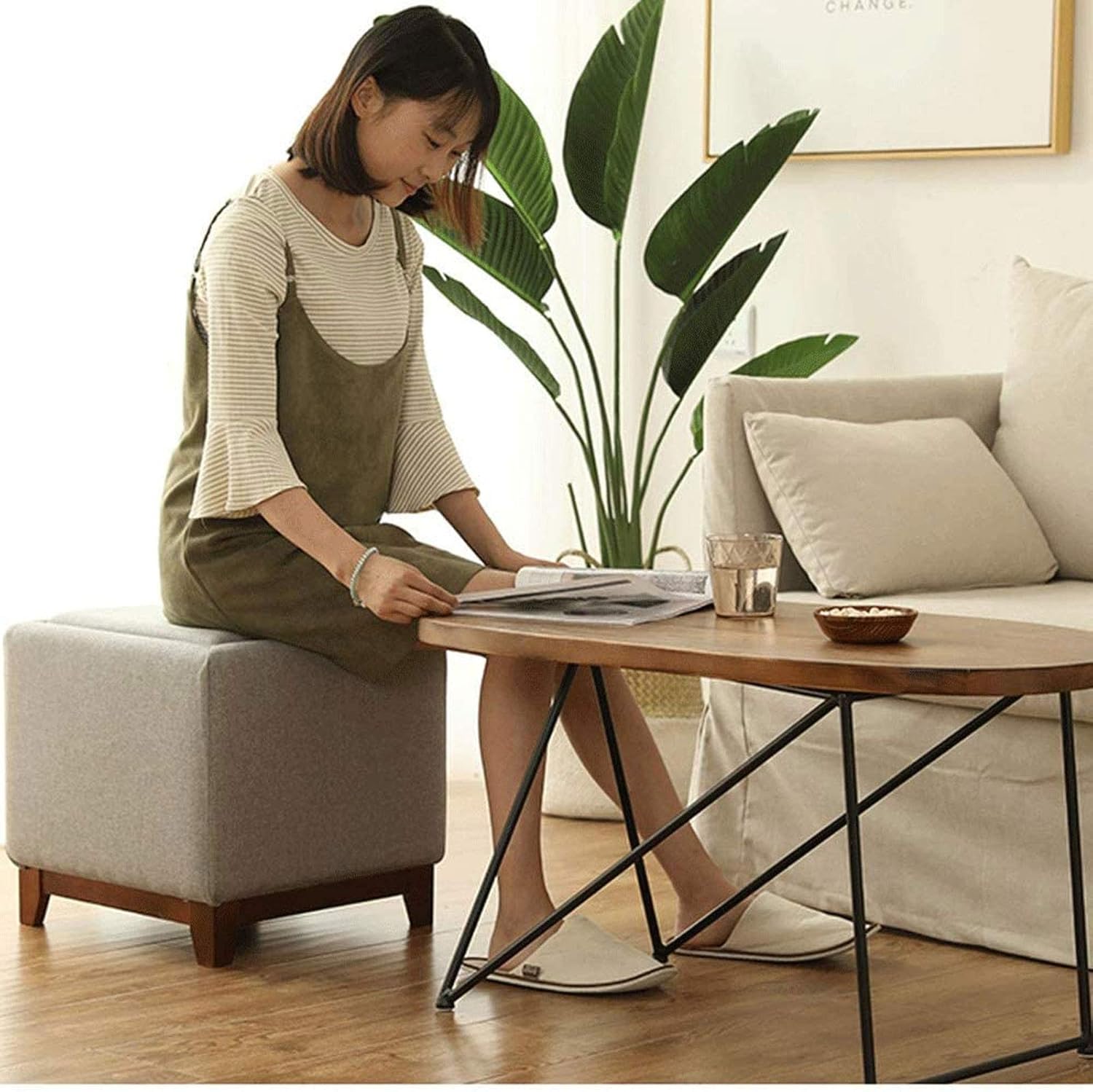 Footstool Foot Stool Dressing Table Footrest Storage Stool, Fashion Solid Wood Stool (Green)