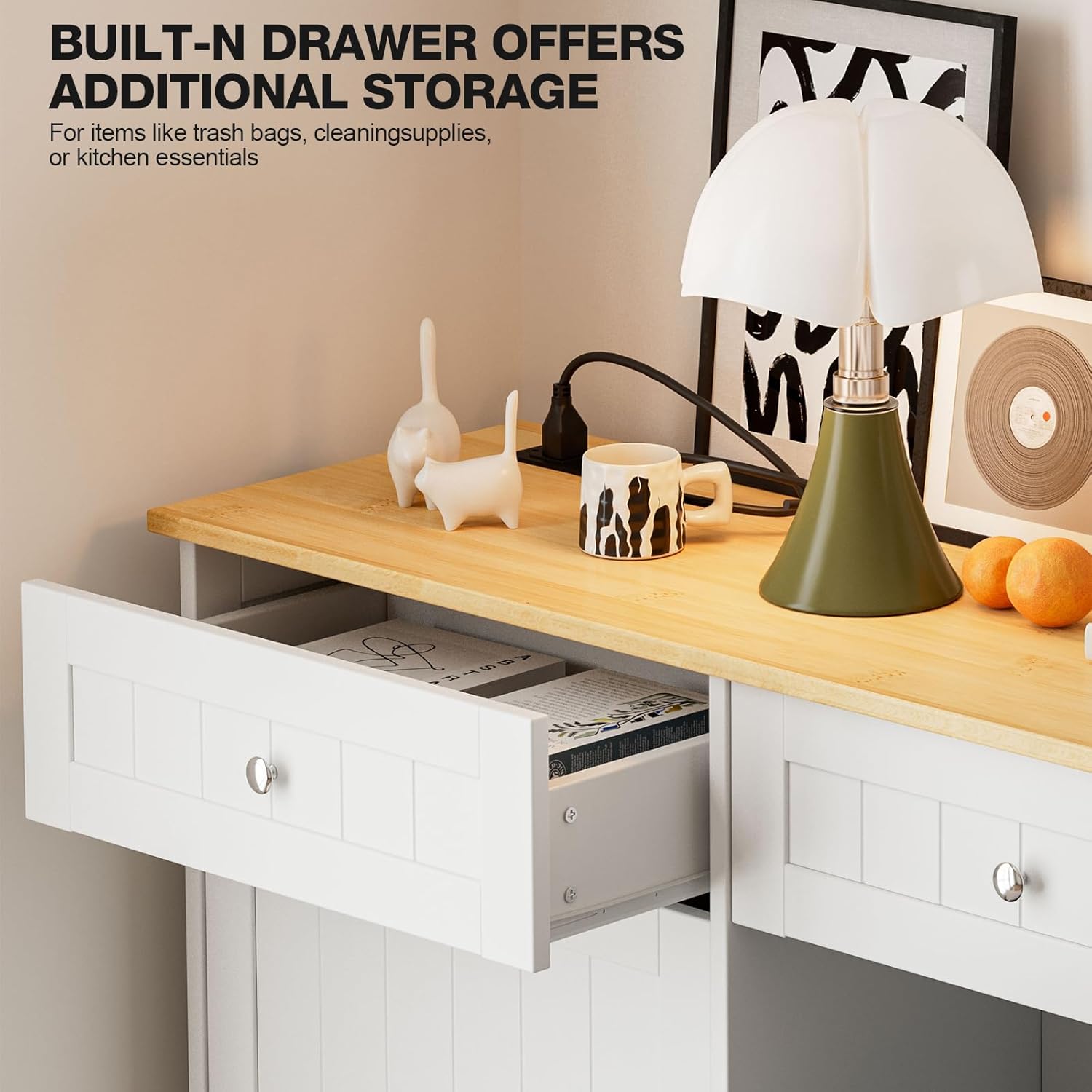 Open storage drawer on the trash cabinet