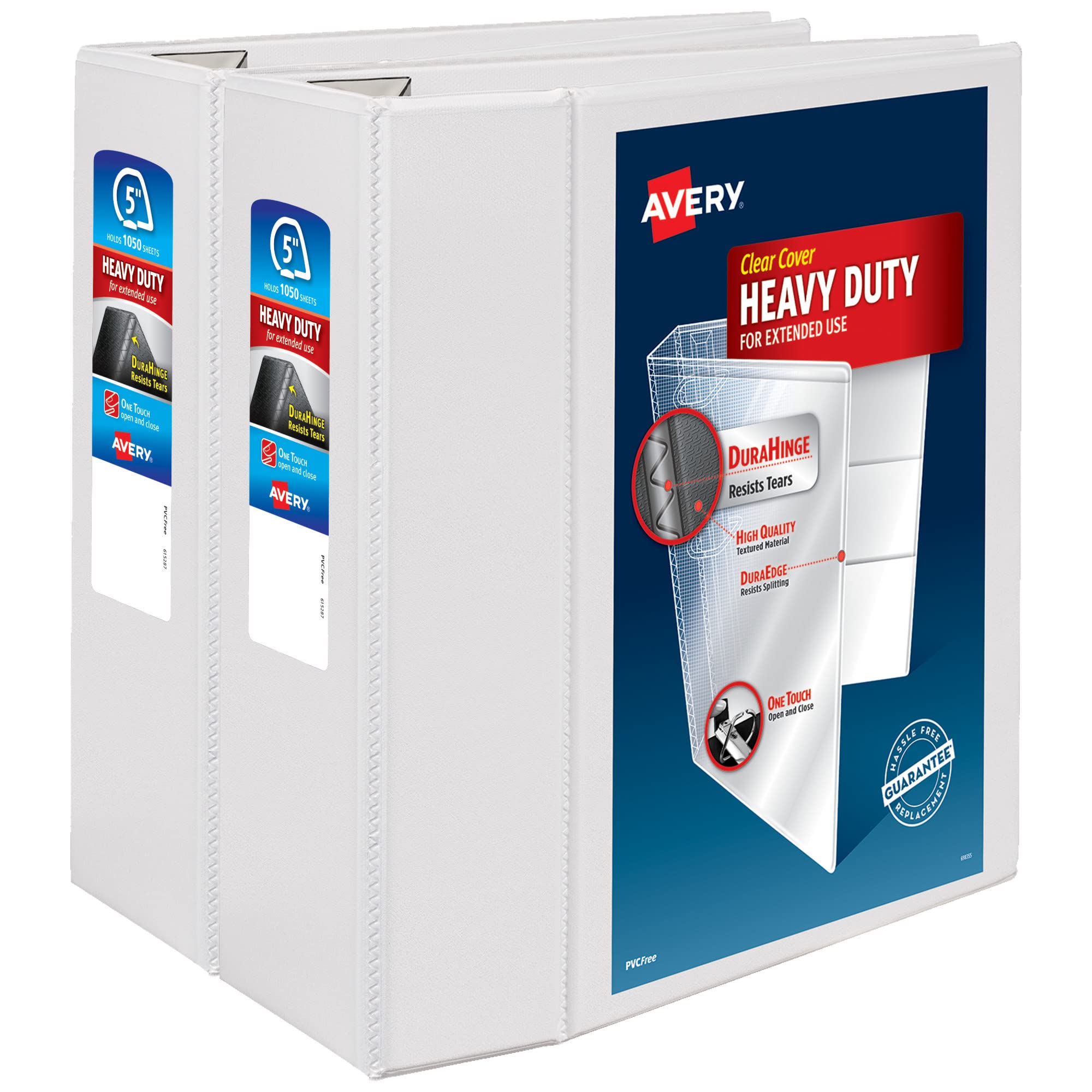Avery(r) Heavy-Duty View 3 Ring Binder, 5" One Touch EZD(r) Rings, White, Pack of 2 Binders