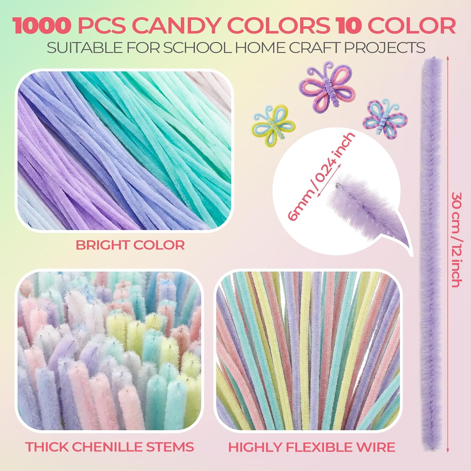 Libima 1000 Pcs Pipe Cleaners Bulk Craft Supplies 10 Colors 12" Chenille Stems 6 mm Teacher Welcome Back Gift DIY Kit Fuzzy Sticks Flower for Art Floral Bouquet Creative Activity Decor (Pastel)