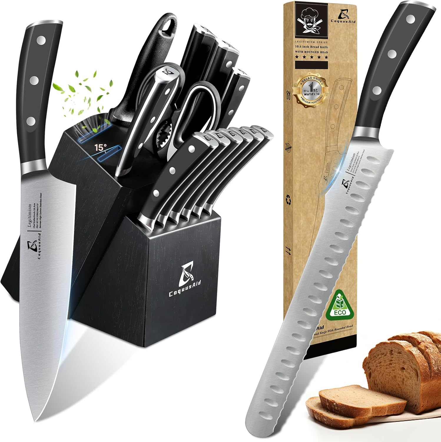 Bread Knife for Homemade Bread+15 Pieces Kitchen Knife Set with Block, Black