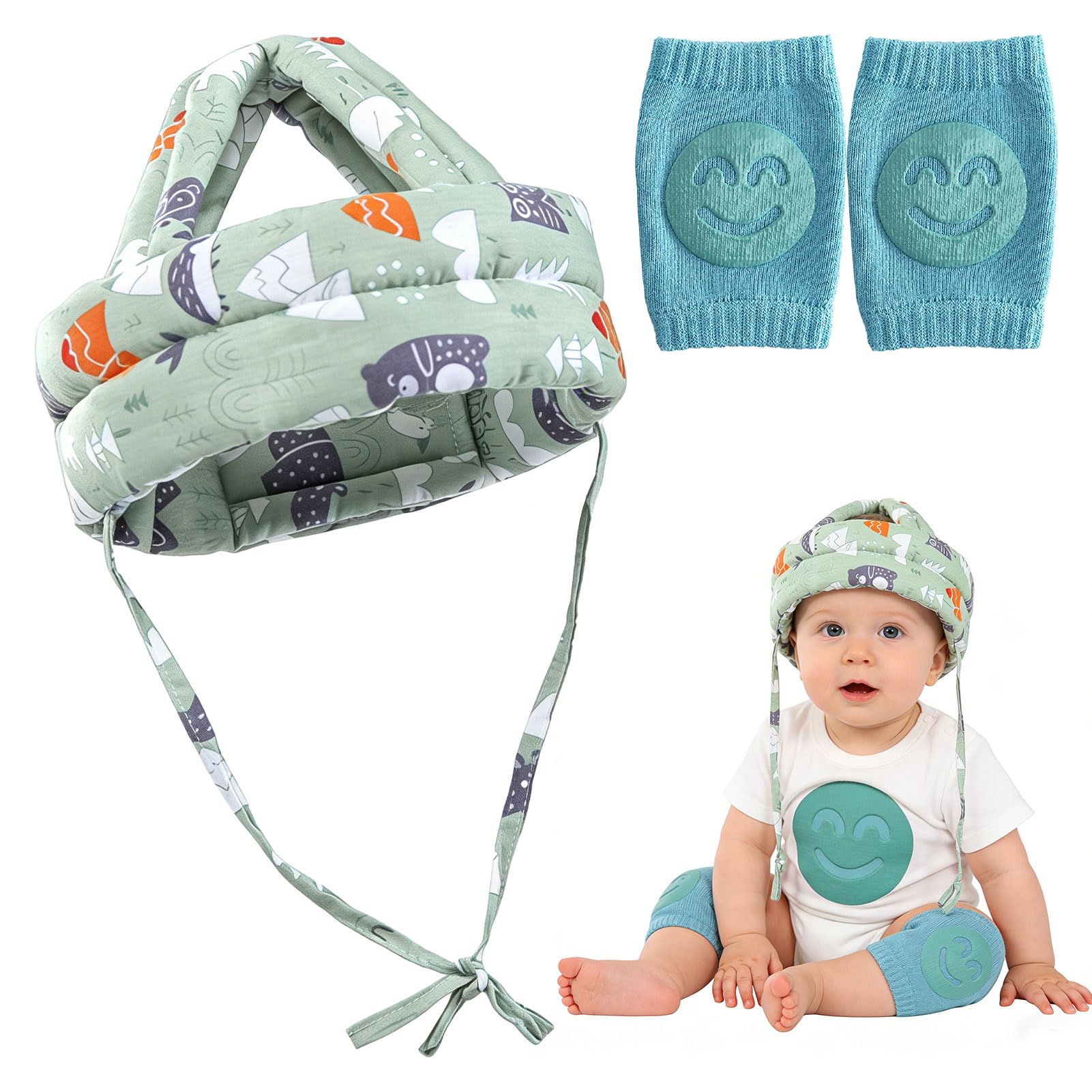 Baby Head Protector, Adjustable Head Protection with Knee Pads Set, Lightweight Breathable Safety Gear for Crawling and Walking Infants 6-36 Months