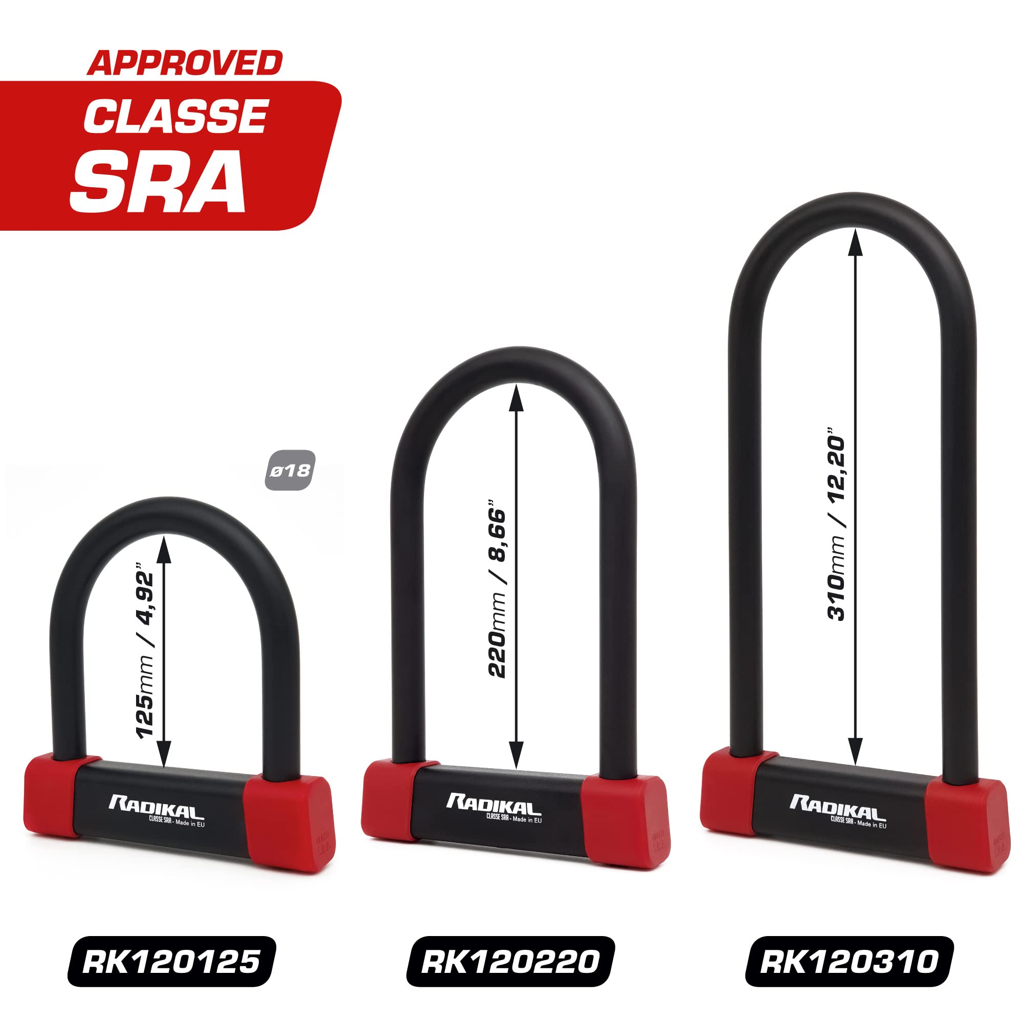 RADIKAL RK120220 Lucchetto a U Premium Omologato SRA, 120x220mm, Bloccaggio su Entrambi i Dischi Freno, Arco ø18mm Acciaio Cementato Rivestito a Doppio Chiusura, Serratura Antifurto U Lock Moto