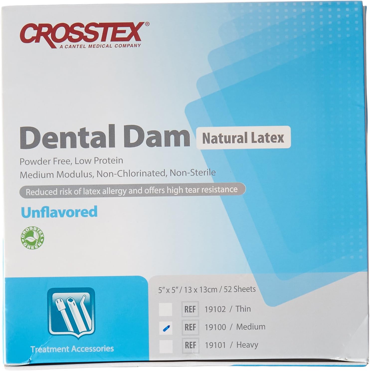 Crosstex 19100 Dental Dam, Latex, Unflavored, Medium Gauge, 5" x 5" Size, Blue (Pack of 52)