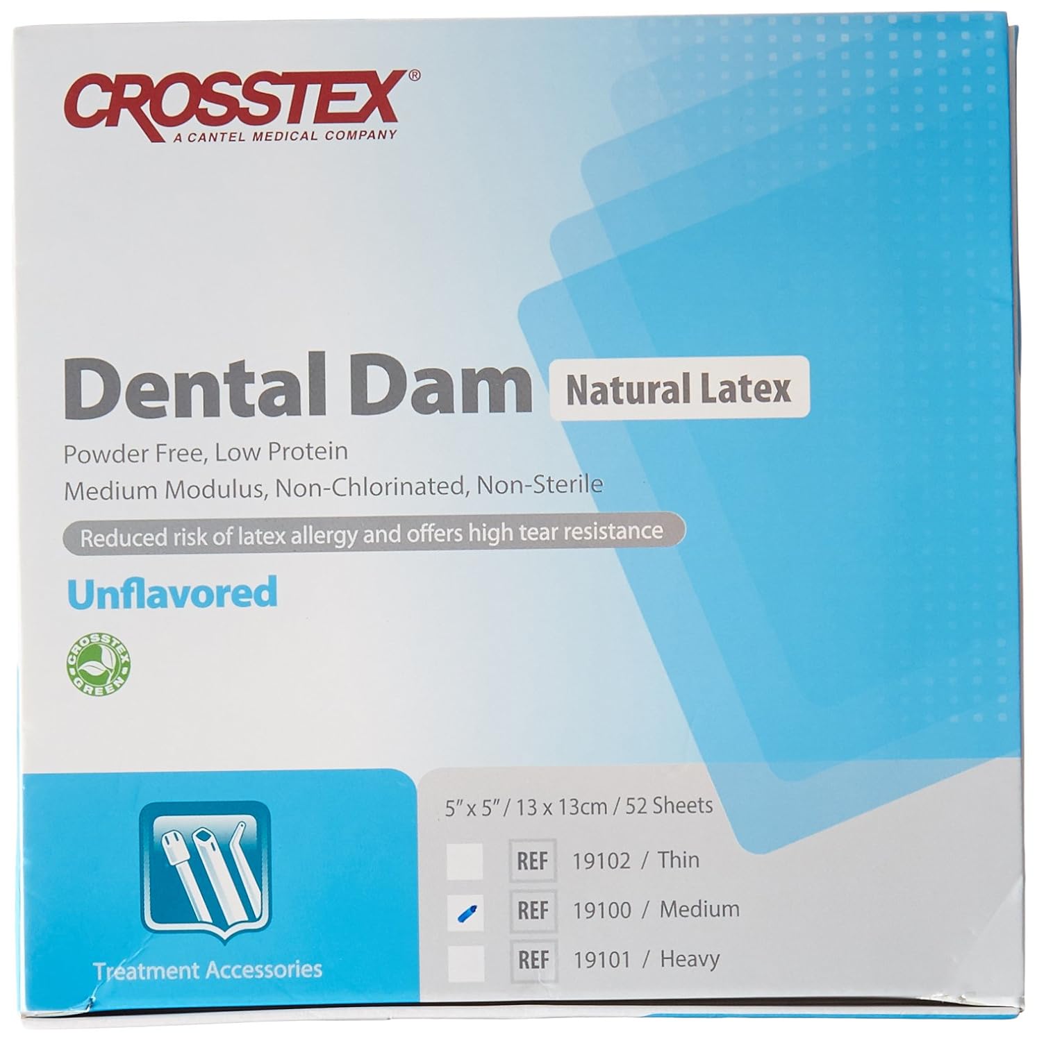 Crosstex 19100 Dental Dam, Latex, Unflavored, Medium Gauge, 5" x 5" Size, Blue (Pack of 52)