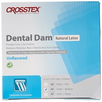 Crosstex 19100 Dental Dam, Latex, Unflavored, Medium Gauge, 5" x 5" Size, Blue Pack of 52
