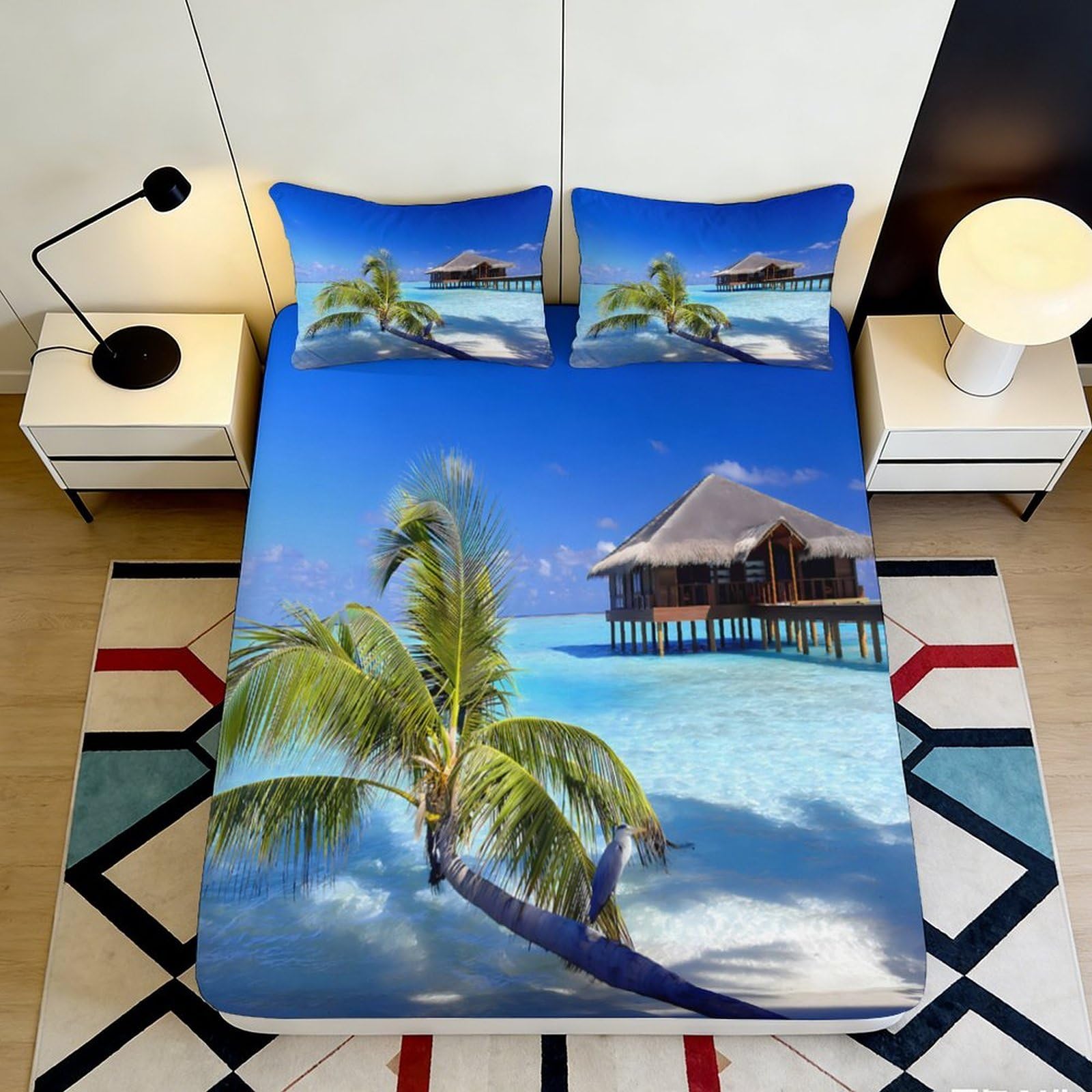 Dhbaneiok Style-1 3D Printed Tropical Beach Fitted Sheet Microfiber Soft Blue Ocean Palm House Mattress Cover Bedroom Decor 90X200x25cm