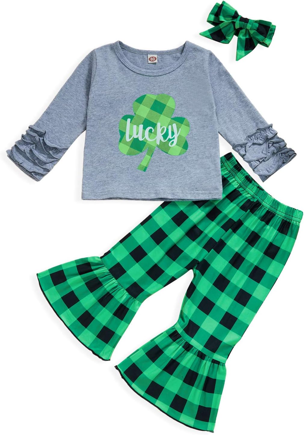 Baby Girls St. Patrick's Day Outfits Shamrock Print Long Sleeve Ruffle Top+Bell Bottoms Plaid Pants+Headband