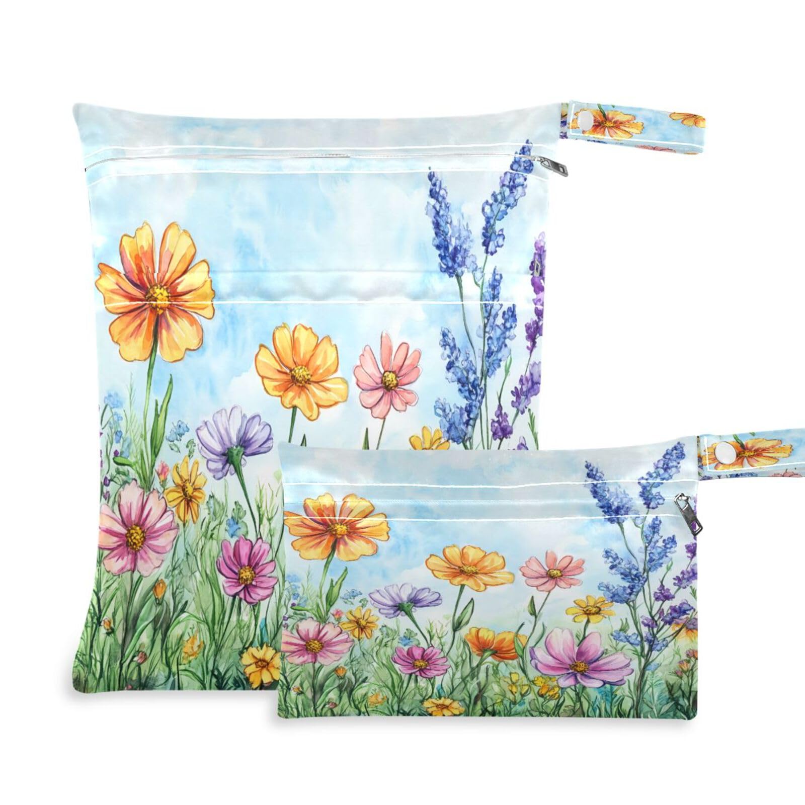 ATTX Colorful Wildflowers Meadow Wet Dry Bags 2-Pack - Reusable Cloth Diaper Storage for Travel, Beach & Gym | Multi-Use Waterproof Bags for Swimsuits, Baby Clothes, Sports Gear#313