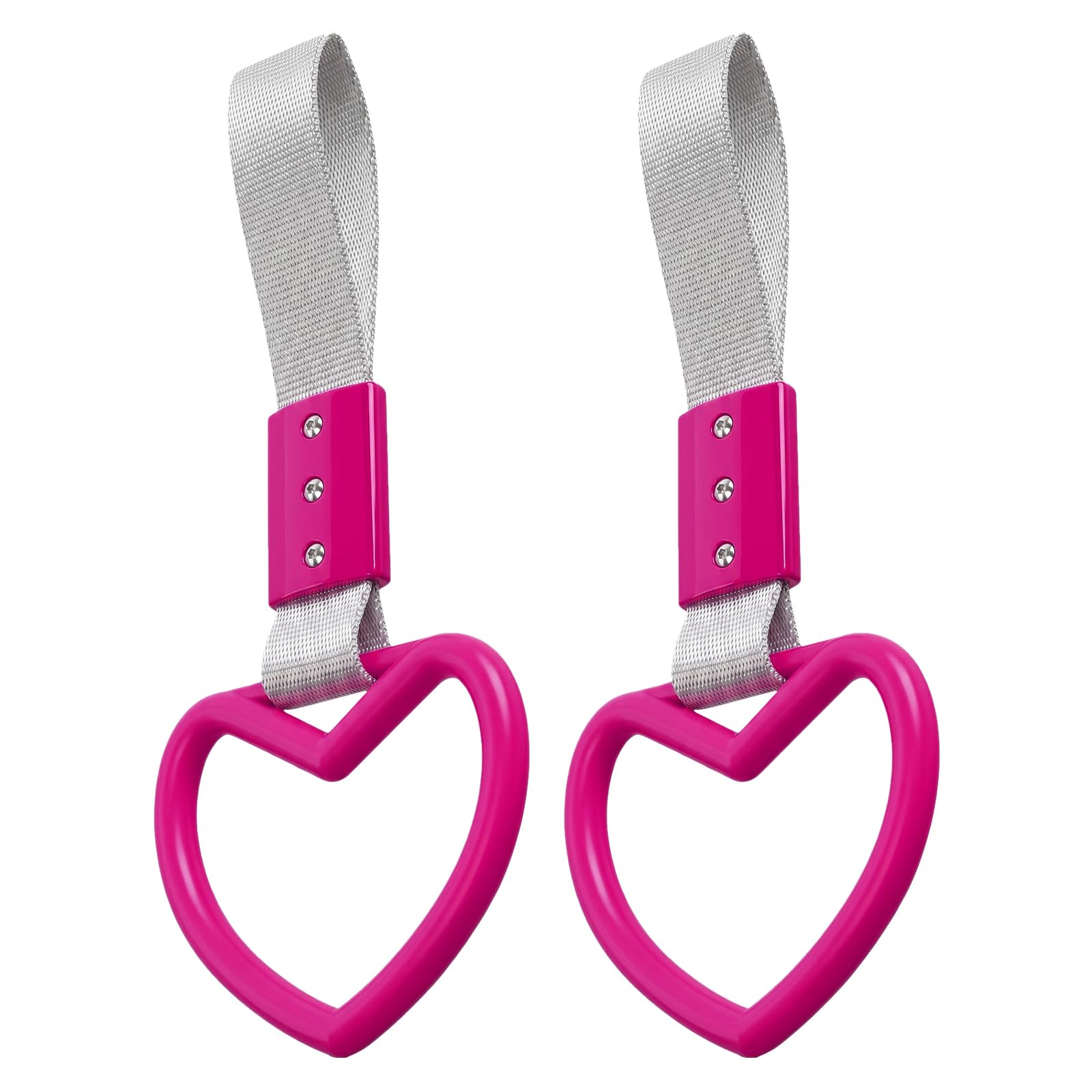 2PCS Heart Shaped Car Handle Straps, Rear Bumper Warning Keychain Ring for Car Exterior Accessories (Hot Pink-Silver)