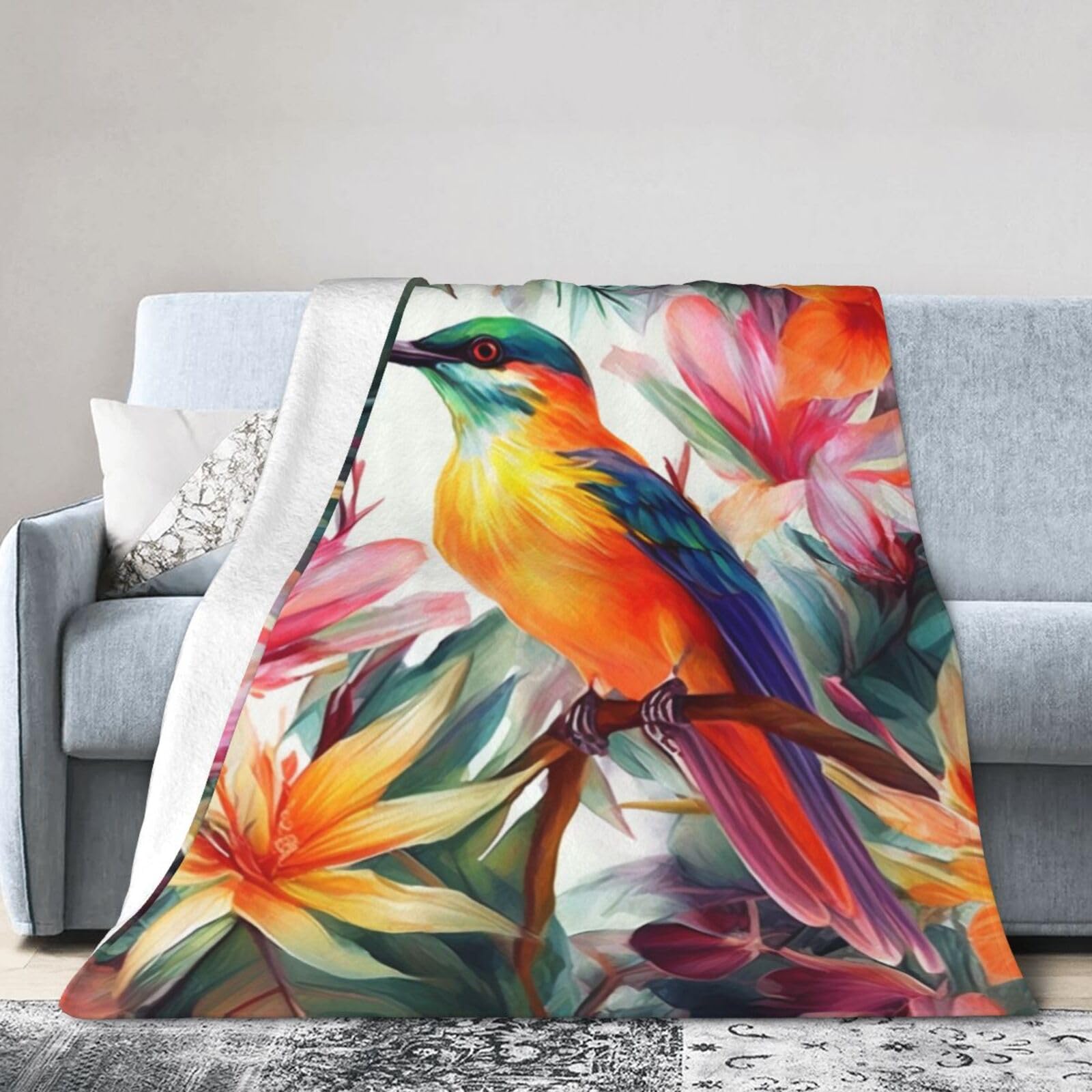 Couverture en flanelle fleurs et oiseaux 152x127 cm pour canapé