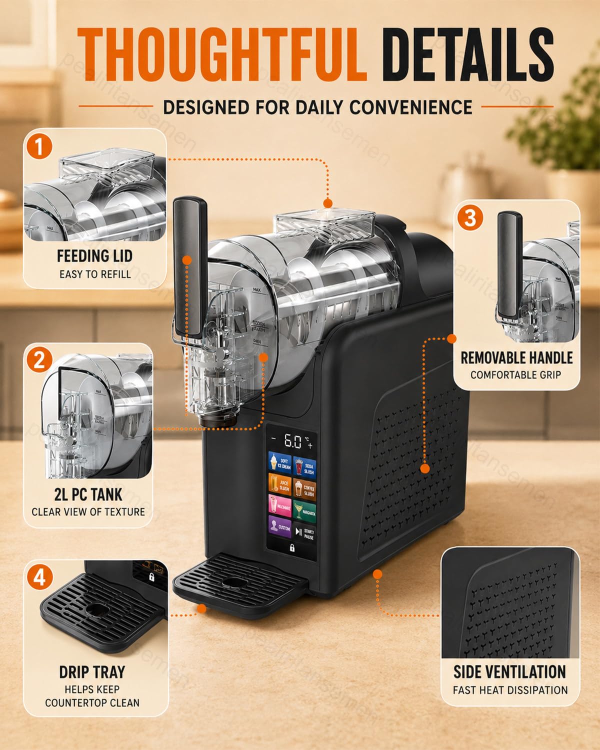 Máquina Para Helado Suave Y Granizados De 2 L, 7 Modos Preestablecidos, 185 W, Control Táctil, Autolimpieza De 360° Con Un Solo Botón, Para Fiestas En Casa, Cafeterías, Food Trucks White